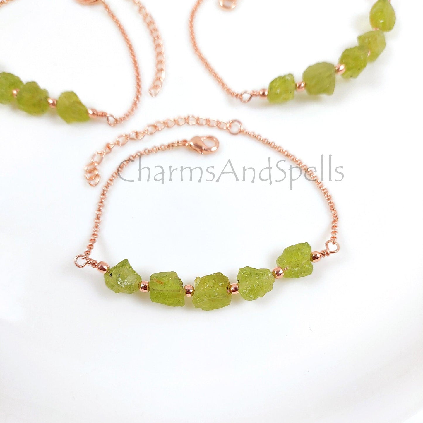 Natural Raw Peridot Bracelet, Raw Gemstone Copper Jewelry, Raw Crystal Jewelry, Custom Birthstone Bracelet, Peridot Jewelry, Dainty Bracelet - Charms And Spells