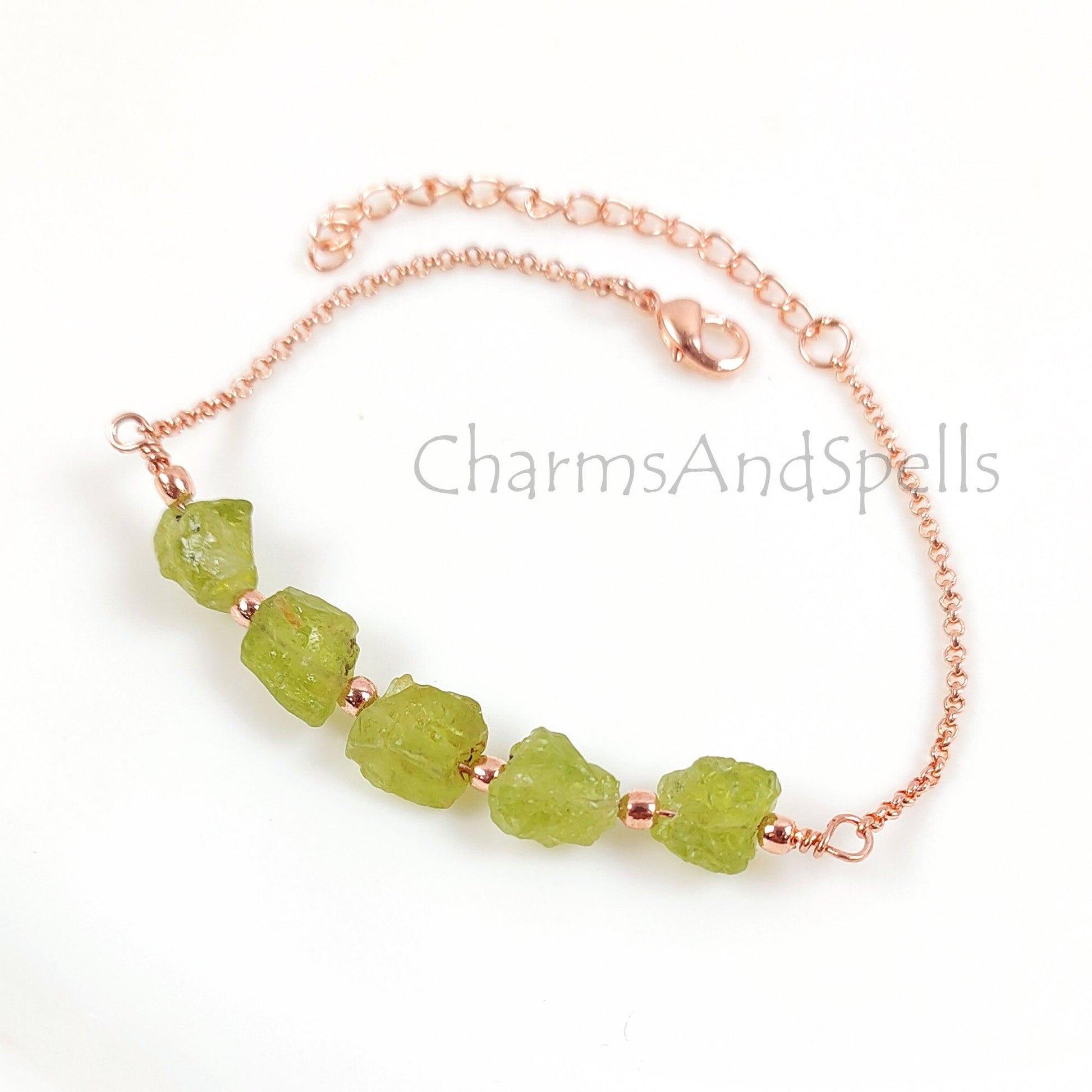 Natural Raw Peridot Bracelet, Raw Gemstone Copper Jewelry, Raw Crystal Jewelry, Custom Birthstone Bracelet, Peridot Jewelry, Dainty Bracelet - Charms And Spells