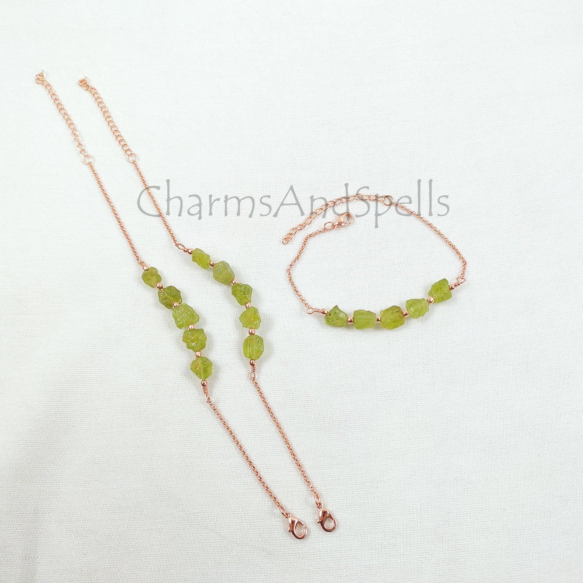 Natural Raw Peridot Bracelet, Raw Gemstone Copper Jewelry, Raw Crystal Jewelry, Custom Birthstone Bracelet, Peridot Jewelry, Dainty Bracelet - Charms And Spells