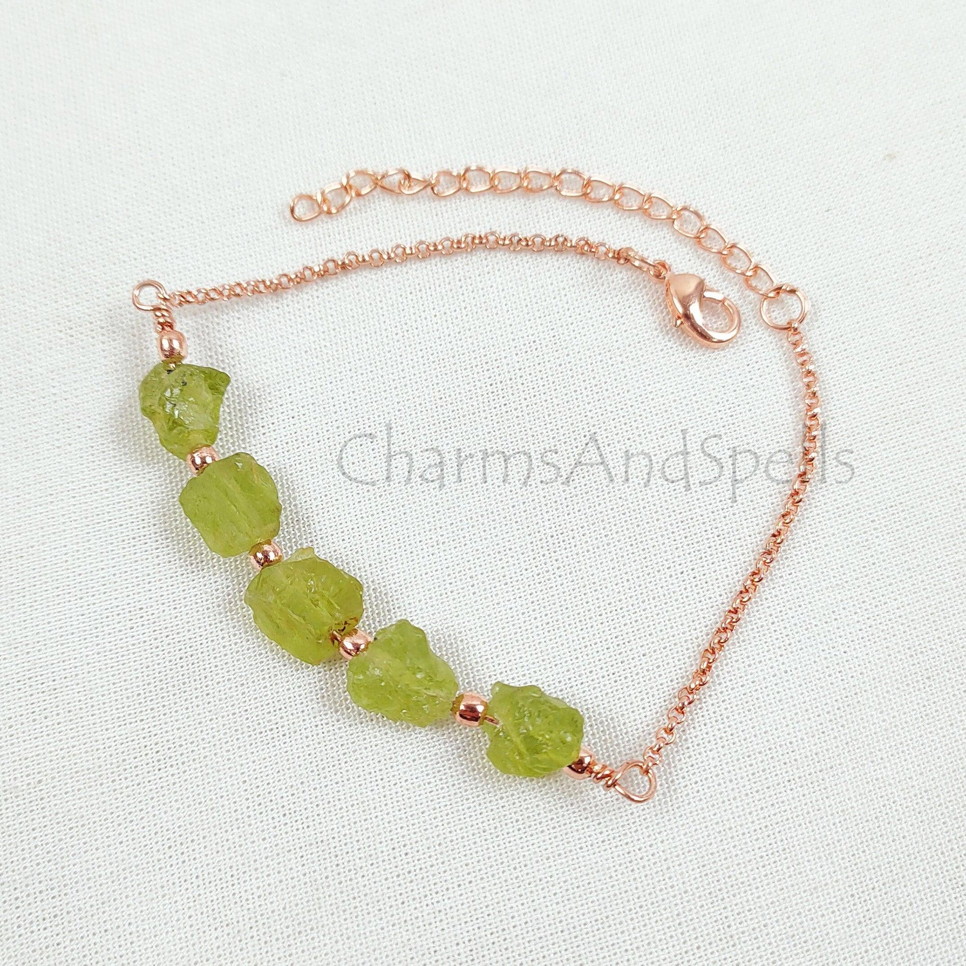 Natural Raw Peridot Bracelet, Raw Gemstone Copper Jewelry, Raw Crystal Jewelry, Custom Birthstone Bracelet, Peridot Jewelry, Dainty Bracelet - Charms And Spells