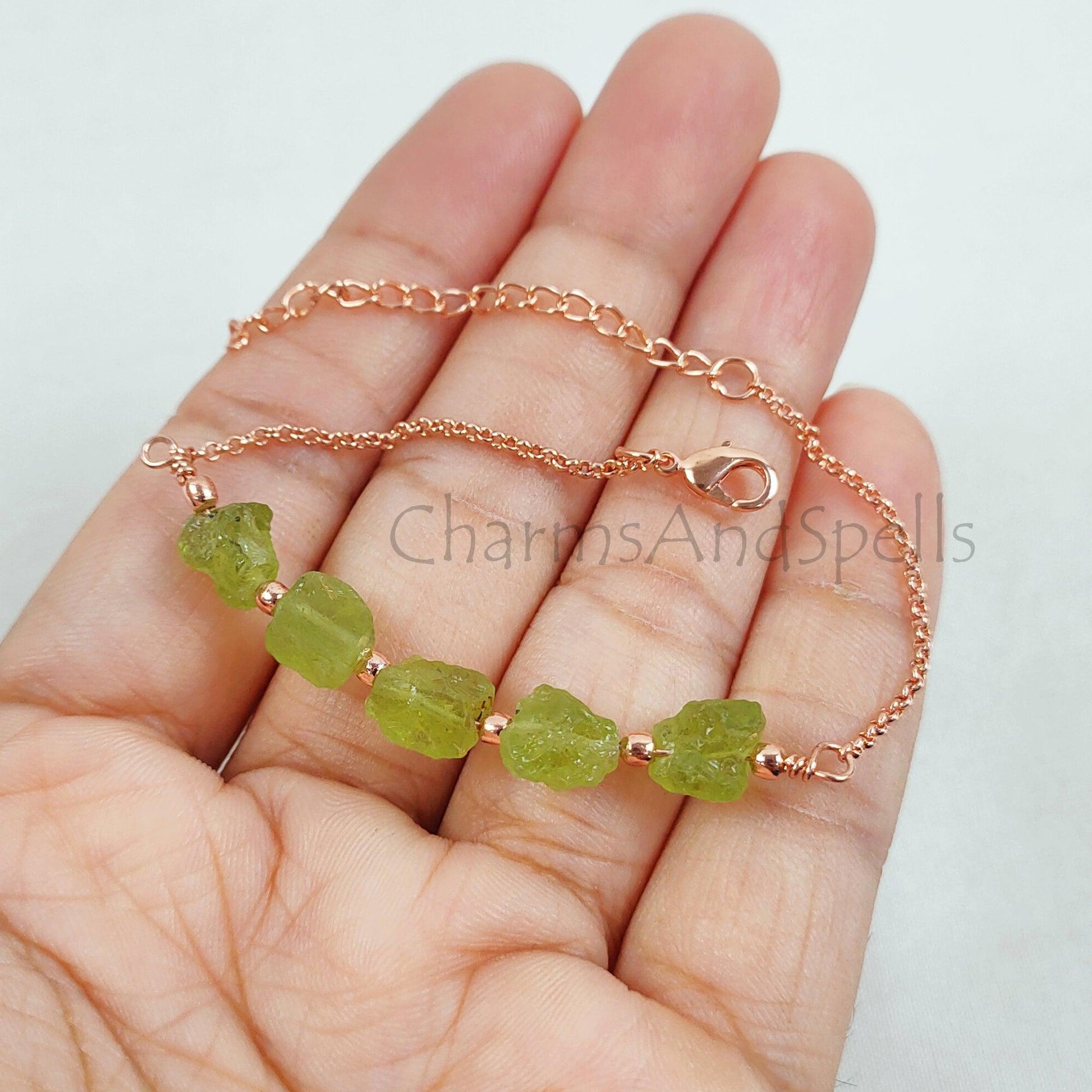 Natural Raw Peridot Bracelet, Raw Gemstone Copper Jewelry, Raw Crystal Jewelry, Custom Birthstone Bracelet, Peridot Jewelry, Dainty Bracelet - Charms And Spells