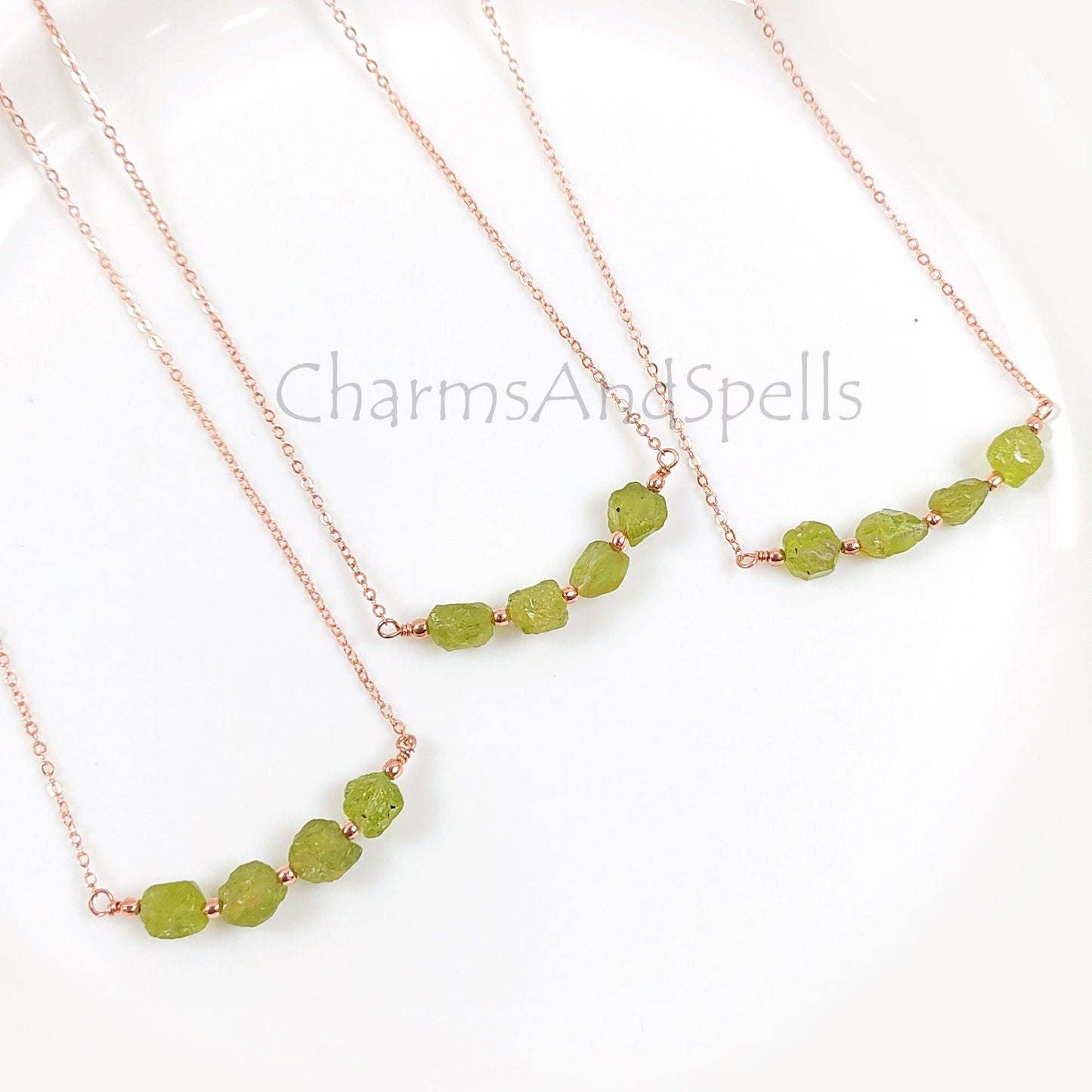 Natural Raw Peridot Gemstone Necklace, Rose Gold Plated Crystal Healing Gemstone Necklace, Designer Gypsy Necklace, Necklace Jewelry Gift - Charms And Spells