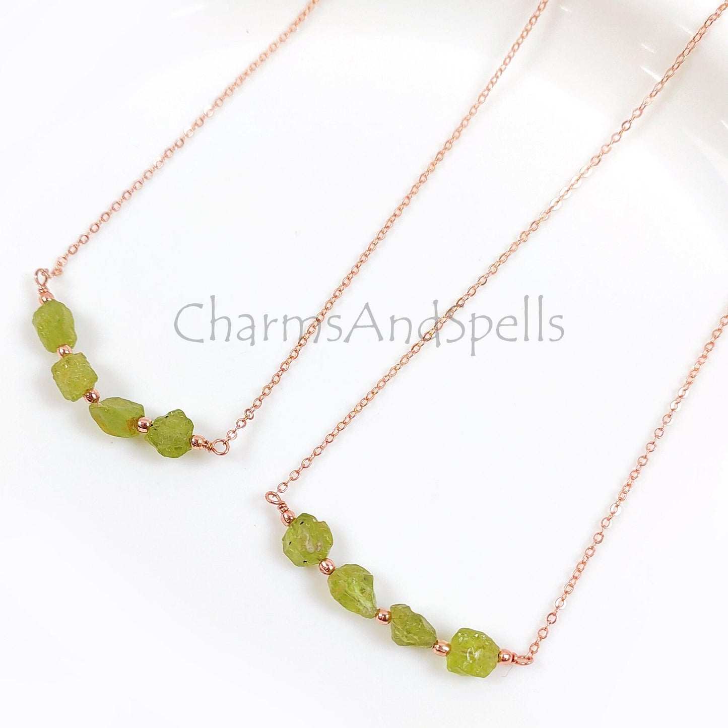 Natural Raw Peridot Gemstone Necklace, Rose Gold Plated Crystal Healing Gemstone Necklace, Designer Gypsy Necklace, Necklace Jewelry Gift - Charms And Spells