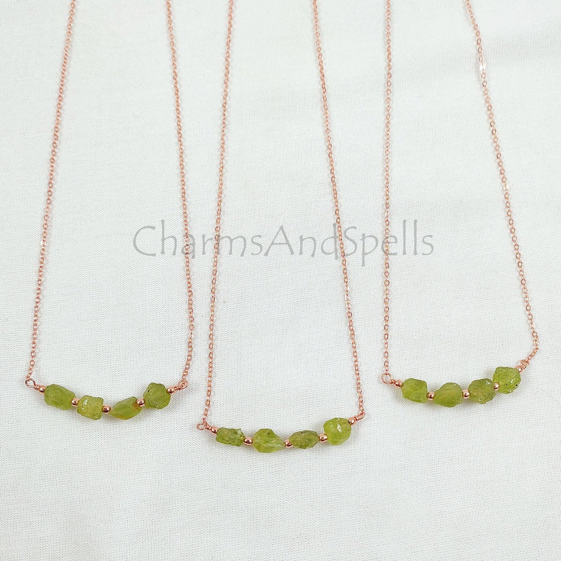 Natural Raw Peridot Gemstone Necklace, Rose Gold Plated Crystal Healing Gemstone Necklace, Designer Gypsy Necklace, Necklace Jewelry Gift - Charms And Spells