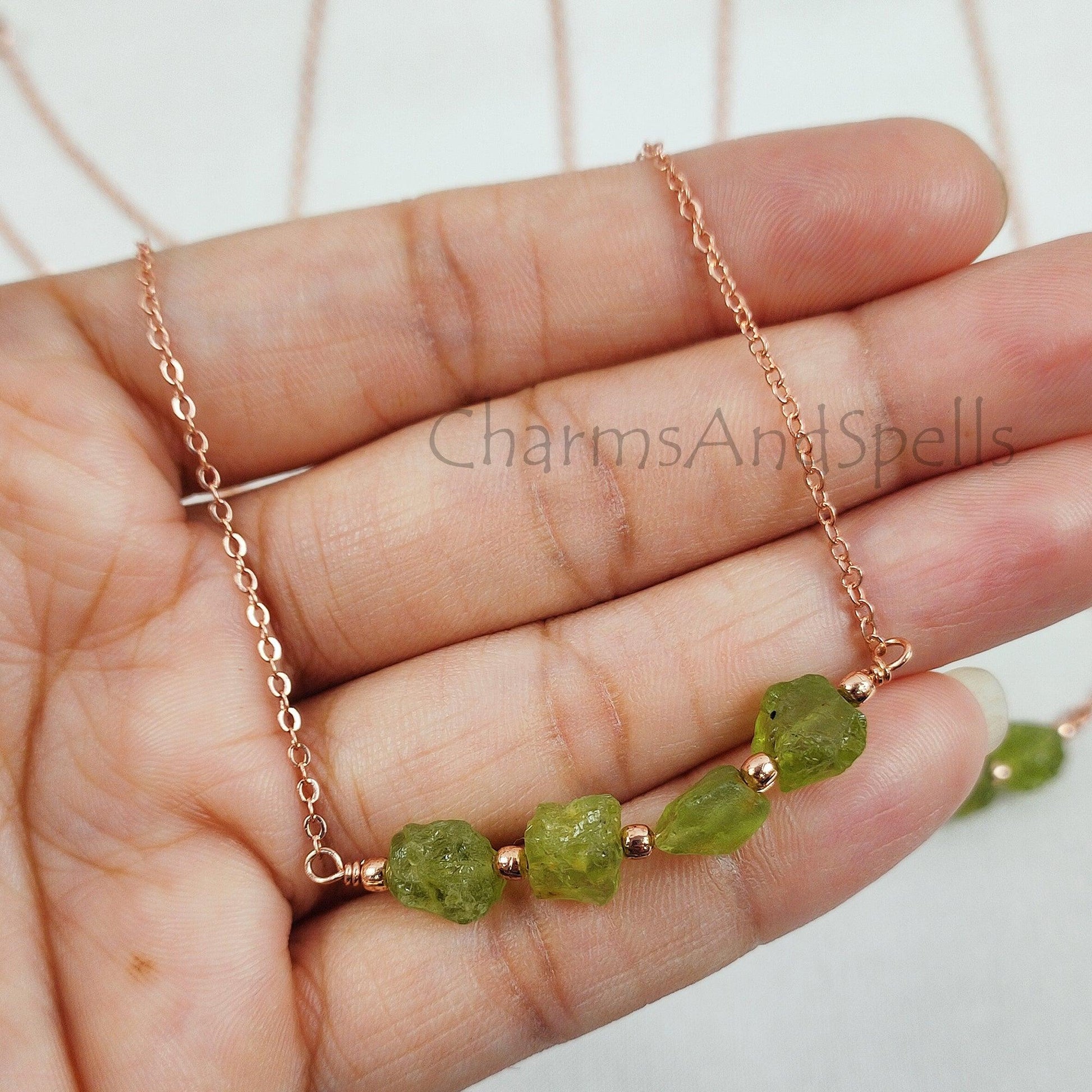 Natural Raw Peridot Gemstone Necklace, Rose Gold Plated Crystal Healing Gemstone Necklace, Designer Gypsy Necklace, Necklace Jewelry Gift - Charms And Spells