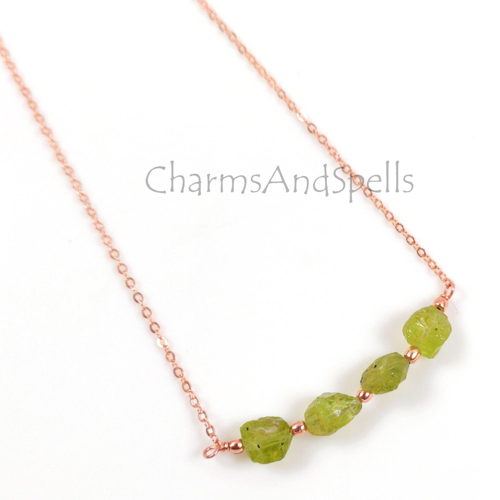 Natural Raw Peridot Gemstone Necklace, Rose Gold Plated Crystal Healing Gemstone Necklace, Designer Gypsy Necklace, Necklace Jewelry Gift - Charms And Spells