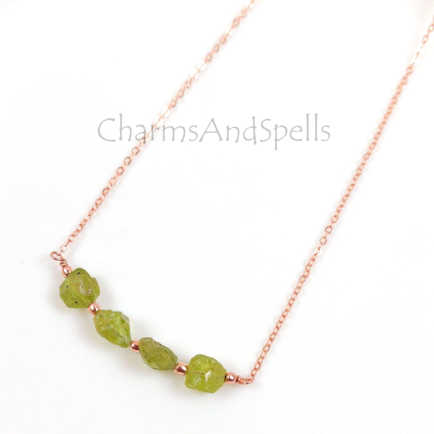 Natural Raw Peridot Gemstone Necklace, Rose Gold Plated Crystal Healing Gemstone Necklace, Designer Gypsy Necklace, Necklace Jewelry Gift - Charms And Spells