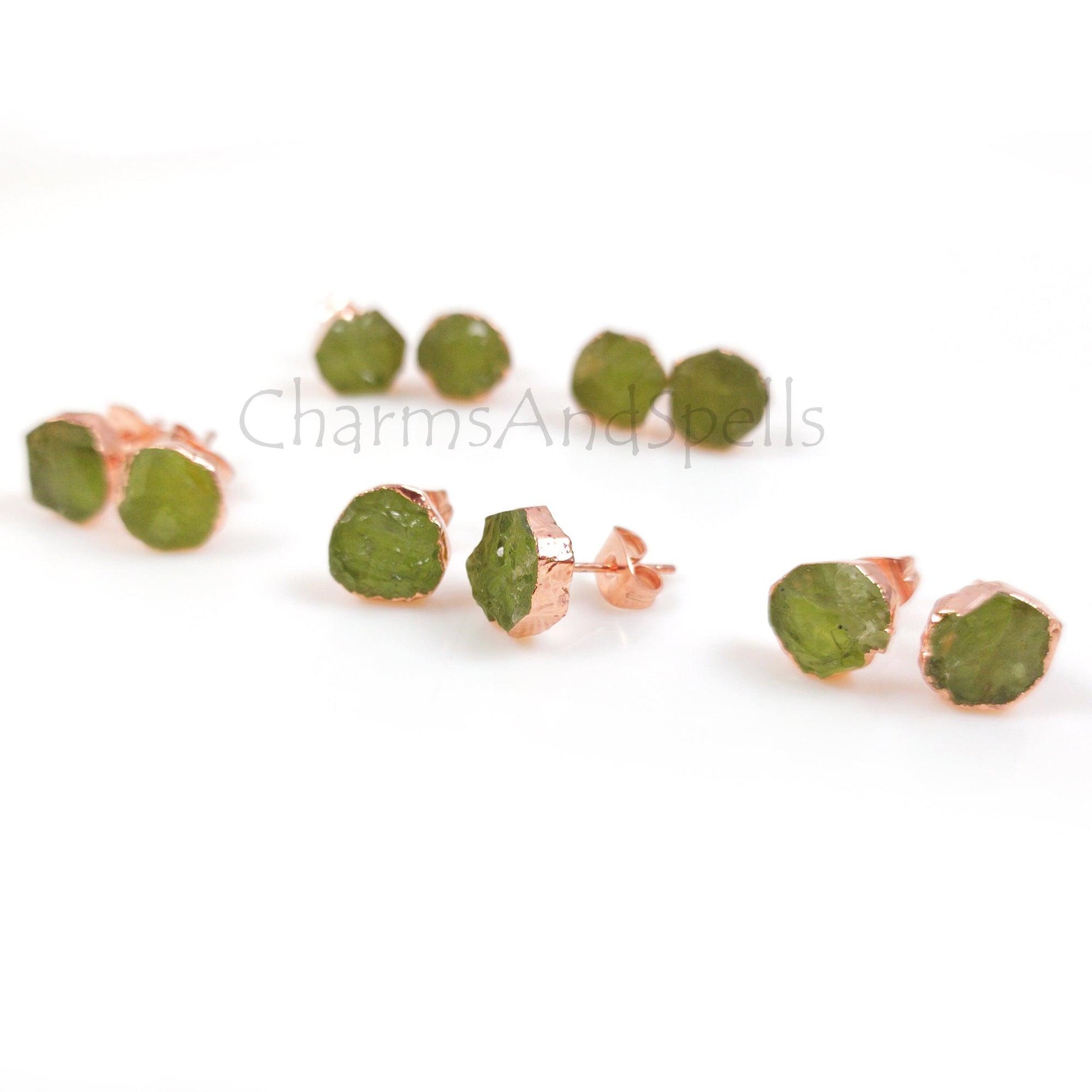 Natural Rough Peridot Stud Earrings, Gemstone Stud Earrings, Peridot Earrings, Raw Peridot Earrings, Rough Peridot Earrings, Crystal Earring - Charms And Spells