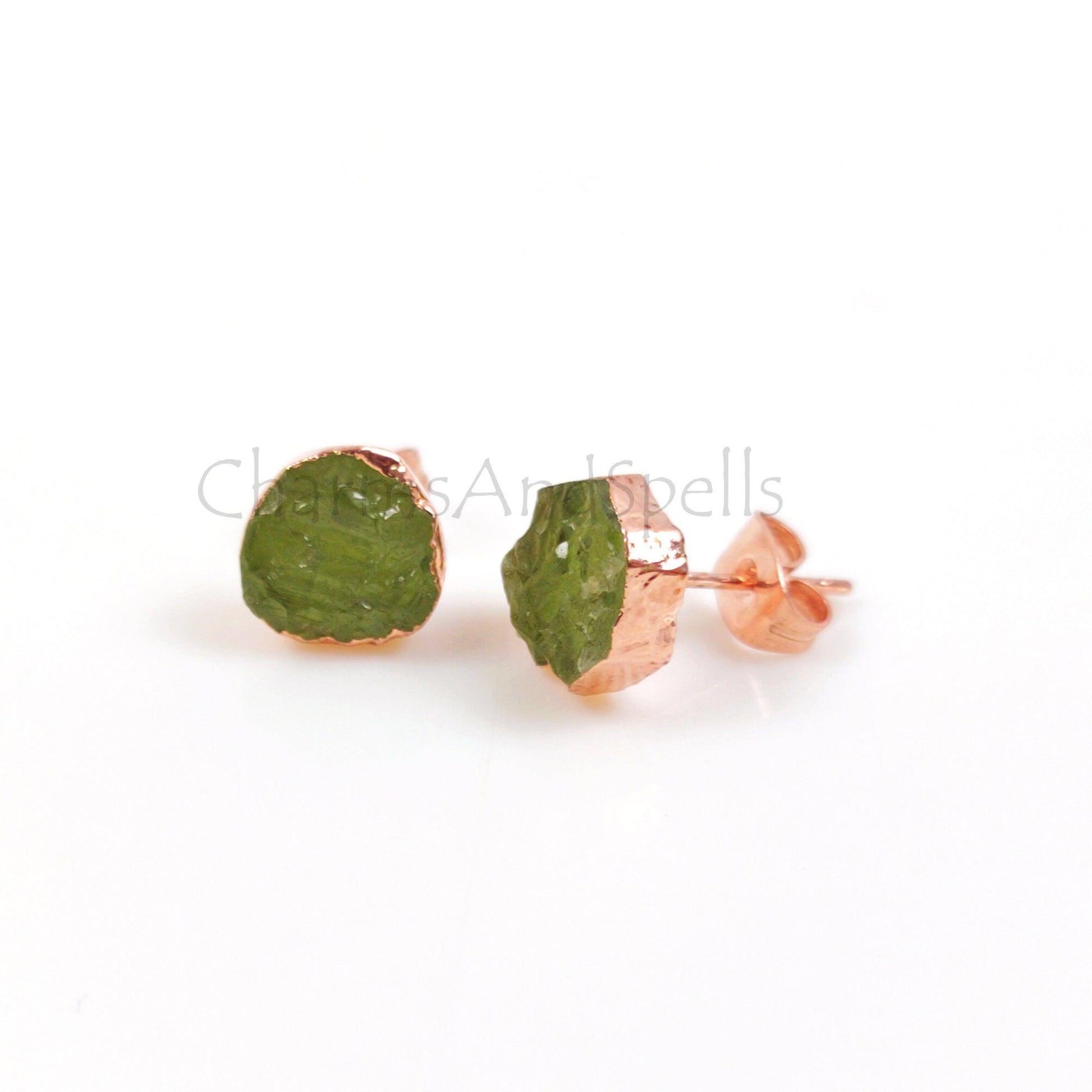 Natural Rough Peridot Stud Earrings, Gemstone Stud Earrings, Peridot Earrings, Raw Peridot Earrings, Rough Peridot Earrings, Crystal Earring - Charms And Spells