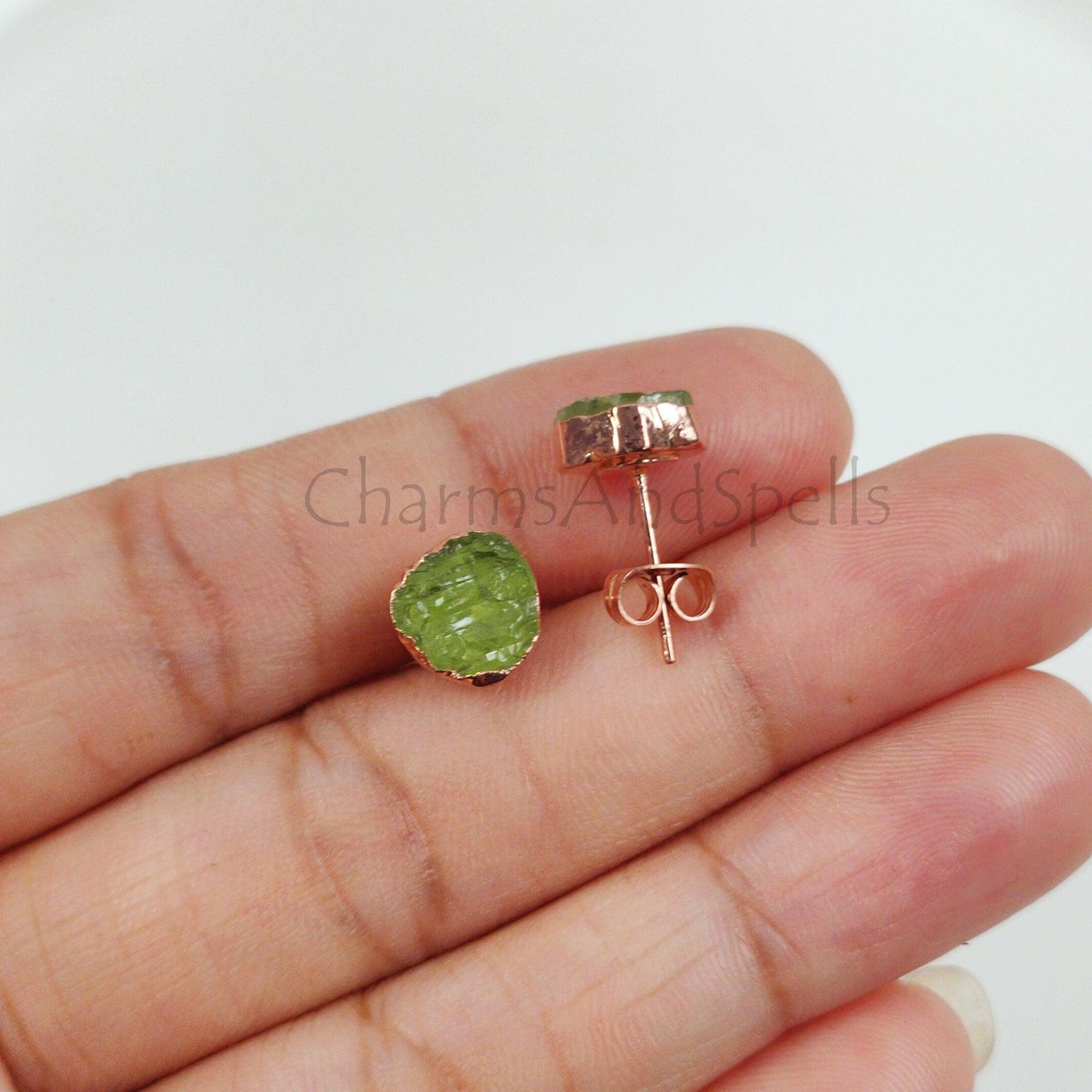 Natural Rough Peridot Stud Earrings, Gemstone Stud Earrings, Peridot Earrings, Raw Peridot Earrings, Rough Peridot Earrings, Crystal Earring - Charms And Spells