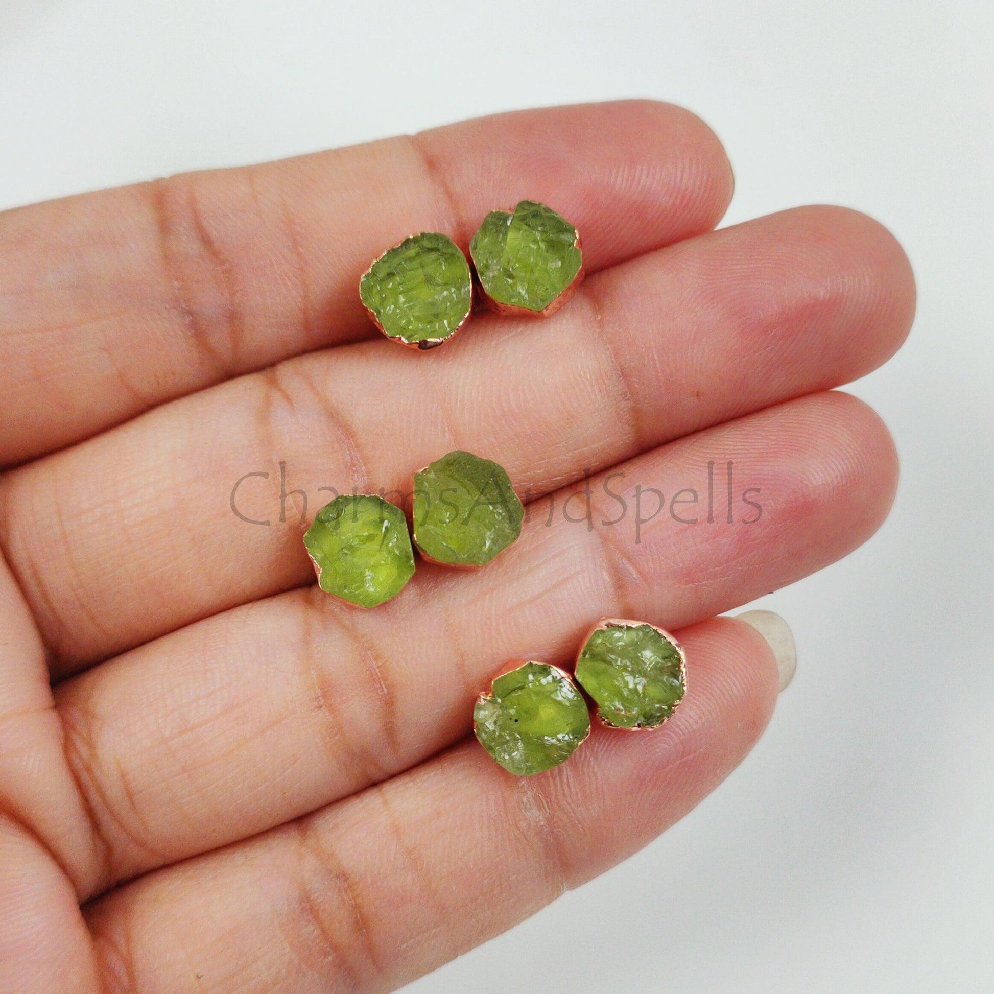 Natural Rough Peridot Stud Earrings, Gemstone Stud Earrings, Peridot Earrings, Raw Peridot Earrings, Rough Peridot Earrings, Crystal Earring - Charms And Spells