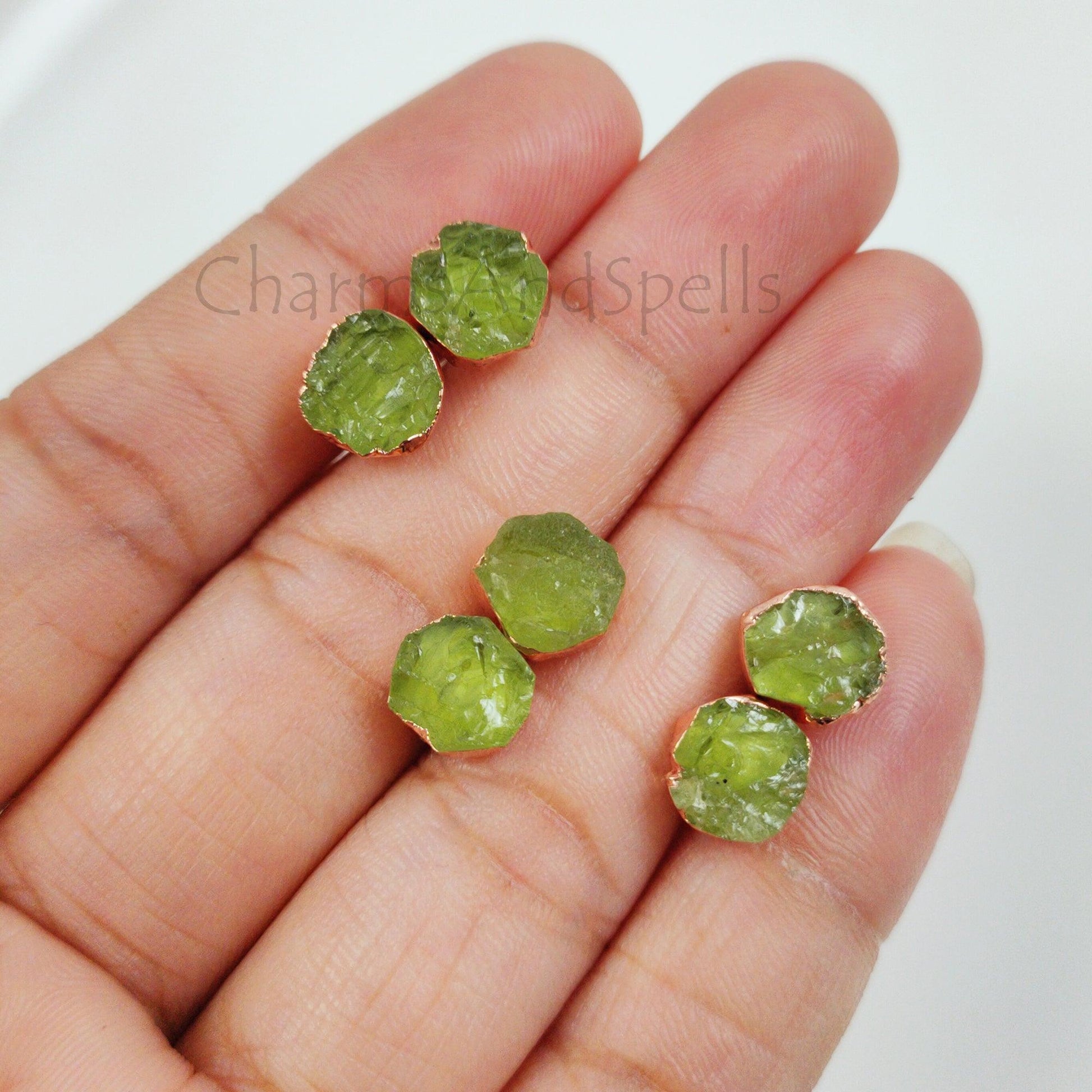 Natural Rough Peridot Stud Earrings, Gemstone Stud Earrings, Peridot Earrings, Raw Peridot Earrings, Rough Peridot Earrings, Crystal Earring - Charms And Spells