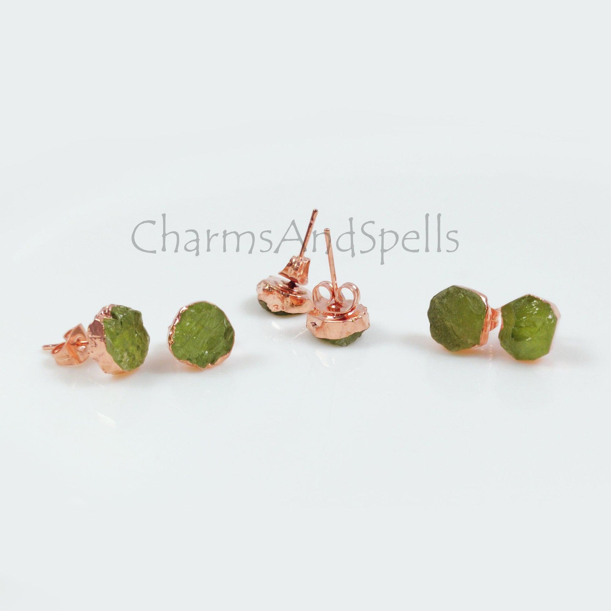 Natural Rough Peridot Stud Earrings, Gemstone Stud Earrings, Peridot Earrings, Raw Peridot Earrings, Rough Peridot Earrings, Crystal Earring - Charms And Spells