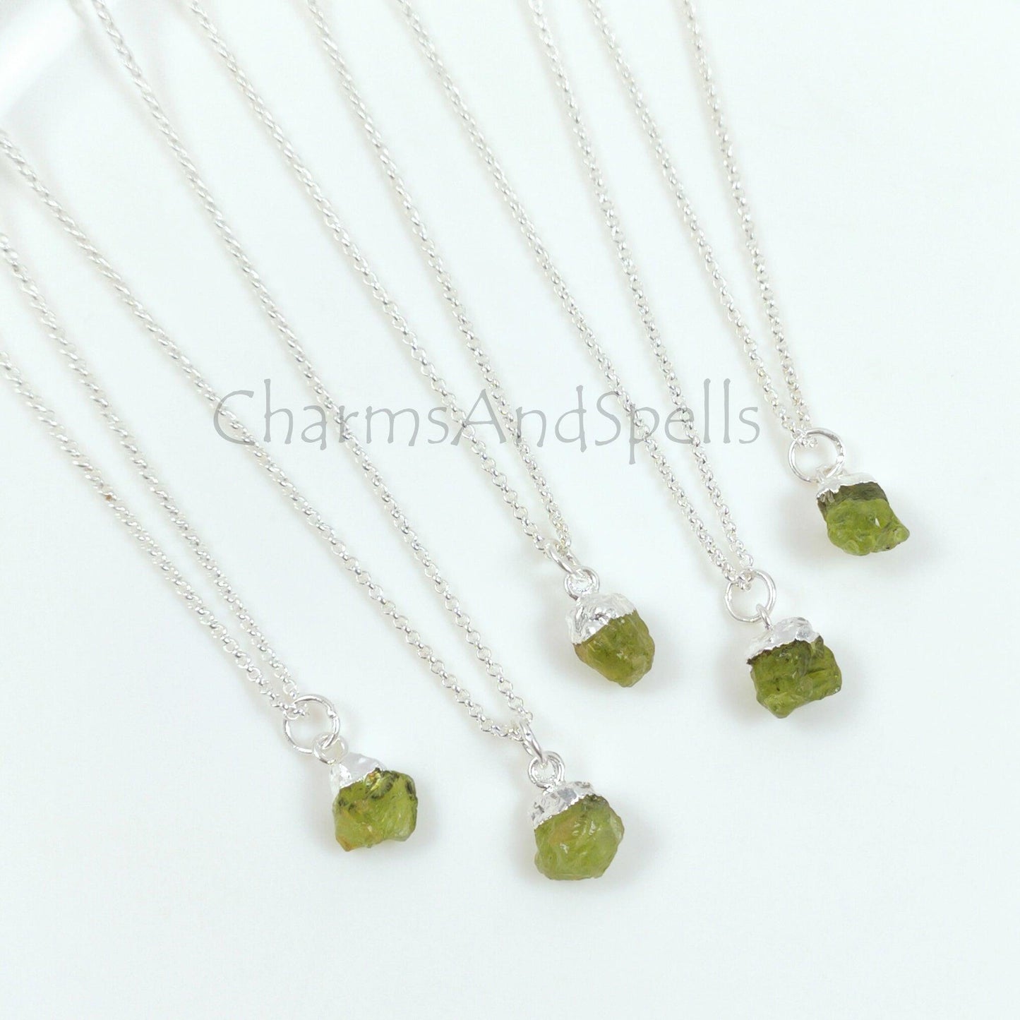 Dainty Natural Raw Peridot Gemstone Pendant, Silver Plated Charms Pendants Necklace, Boho Minimalist Jewelry, Hippie Raw Crystal Necklace - Charms And Spells