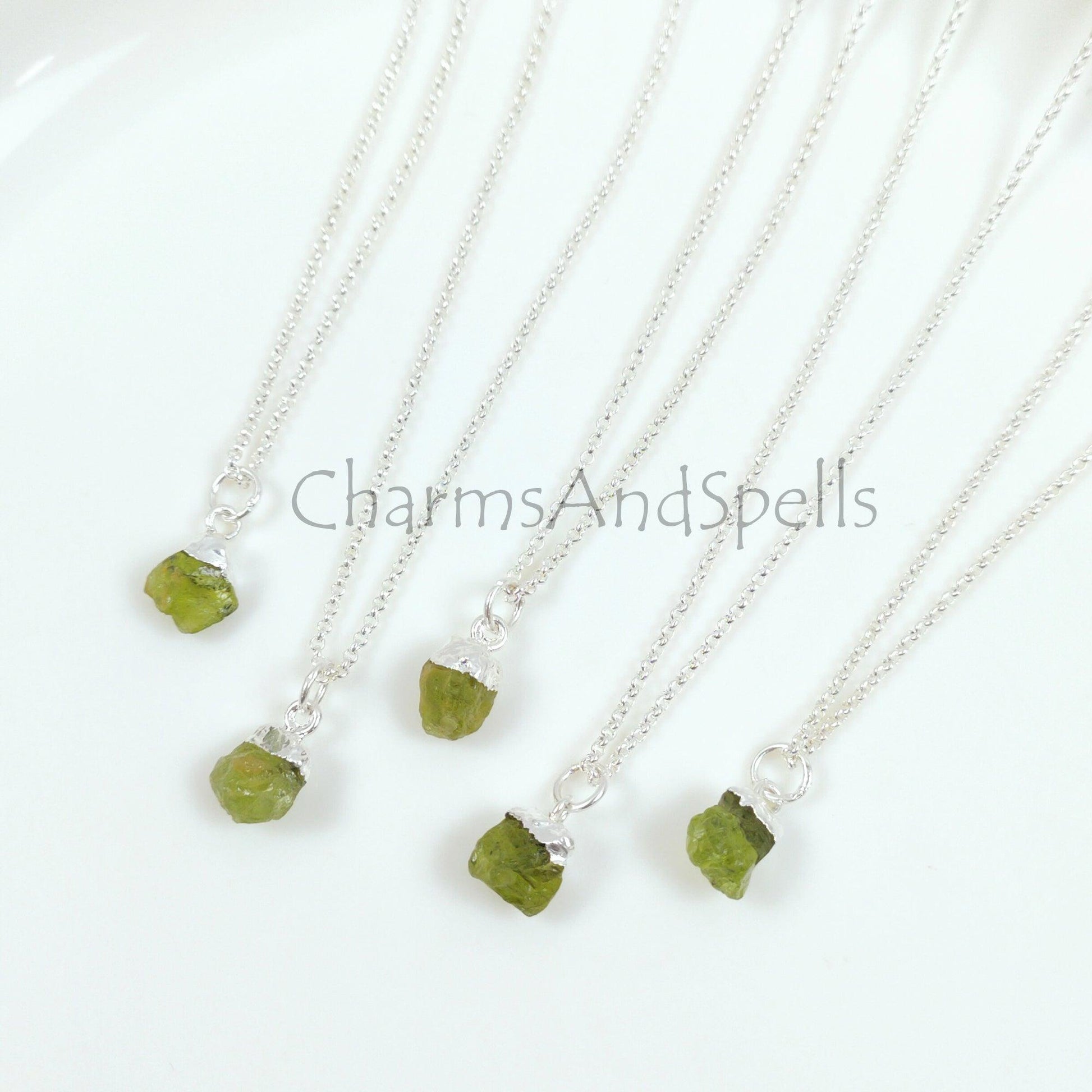 Dainty Natural Raw Peridot Gemstone Pendant, Silver Plated Charms Pendants Necklace, Boho Minimalist Jewelry, Hippie Raw Crystal Necklace - Charms And Spells