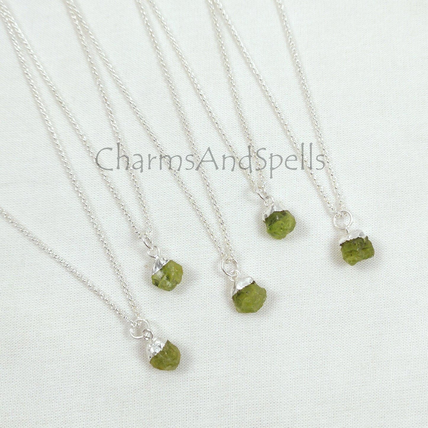 Dainty Natural Raw Peridot Gemstone Pendant, Silver Plated Charms Pendants Necklace, Boho Minimalist Jewelry, Hippie Raw Crystal Necklace - Charms And Spells