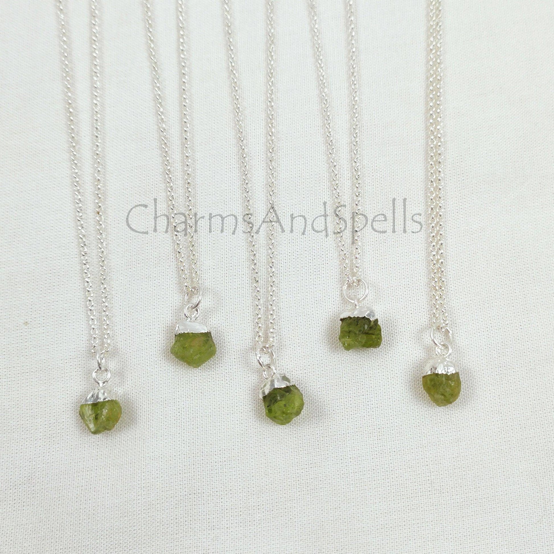 Dainty Natural Raw Peridot Gemstone Pendant, Silver Plated Charms Pendants Necklace, Boho Minimalist Jewelry, Hippie Raw Crystal Necklace - Charms And Spells