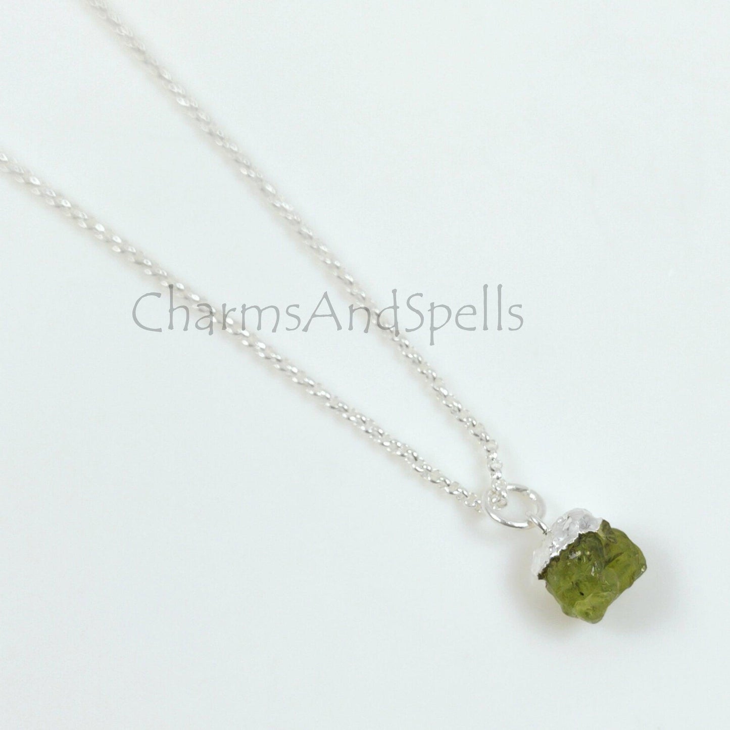 Dainty Natural Raw Peridot Gemstone Pendant, Silver Plated Charms Pendants Necklace, Boho Minimalist Jewelry, Hippie Raw Crystal Necklace - Charms And Spells