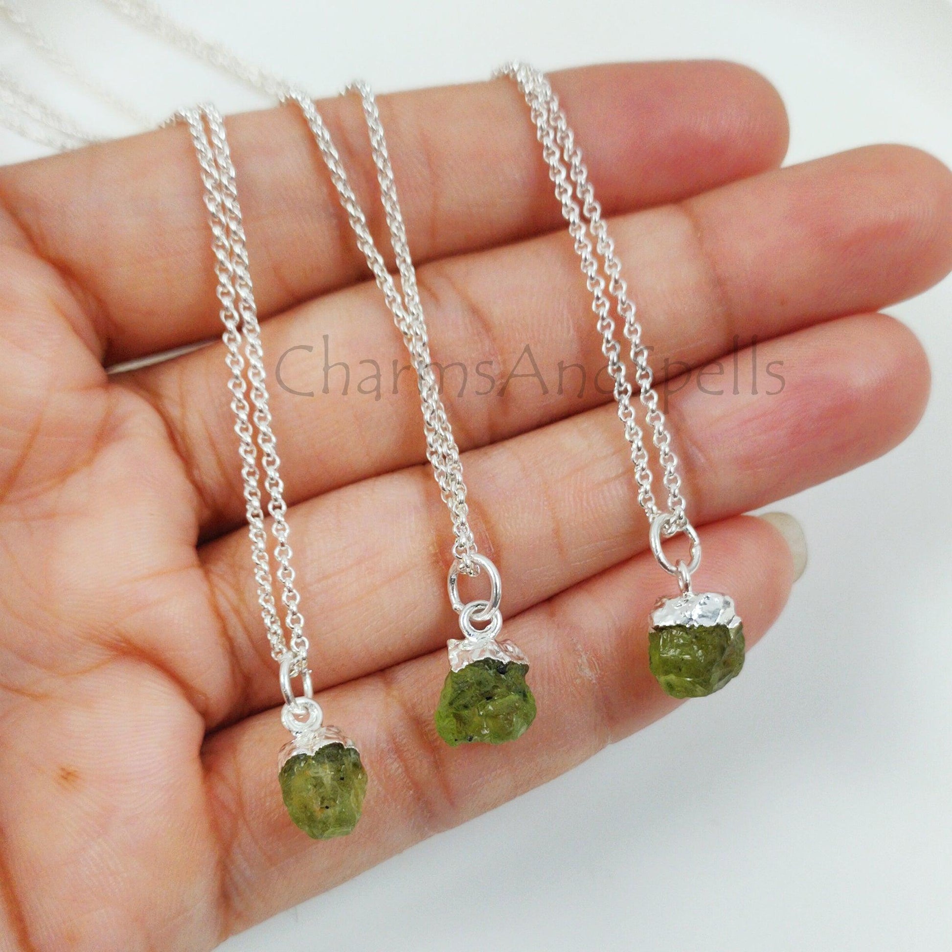 Dainty Natural Raw Peridot Gemstone Pendant, Silver Plated Charms Pendants Necklace, Boho Minimalist Jewelry, Hippie Raw Crystal Necklace - Charms And Spells