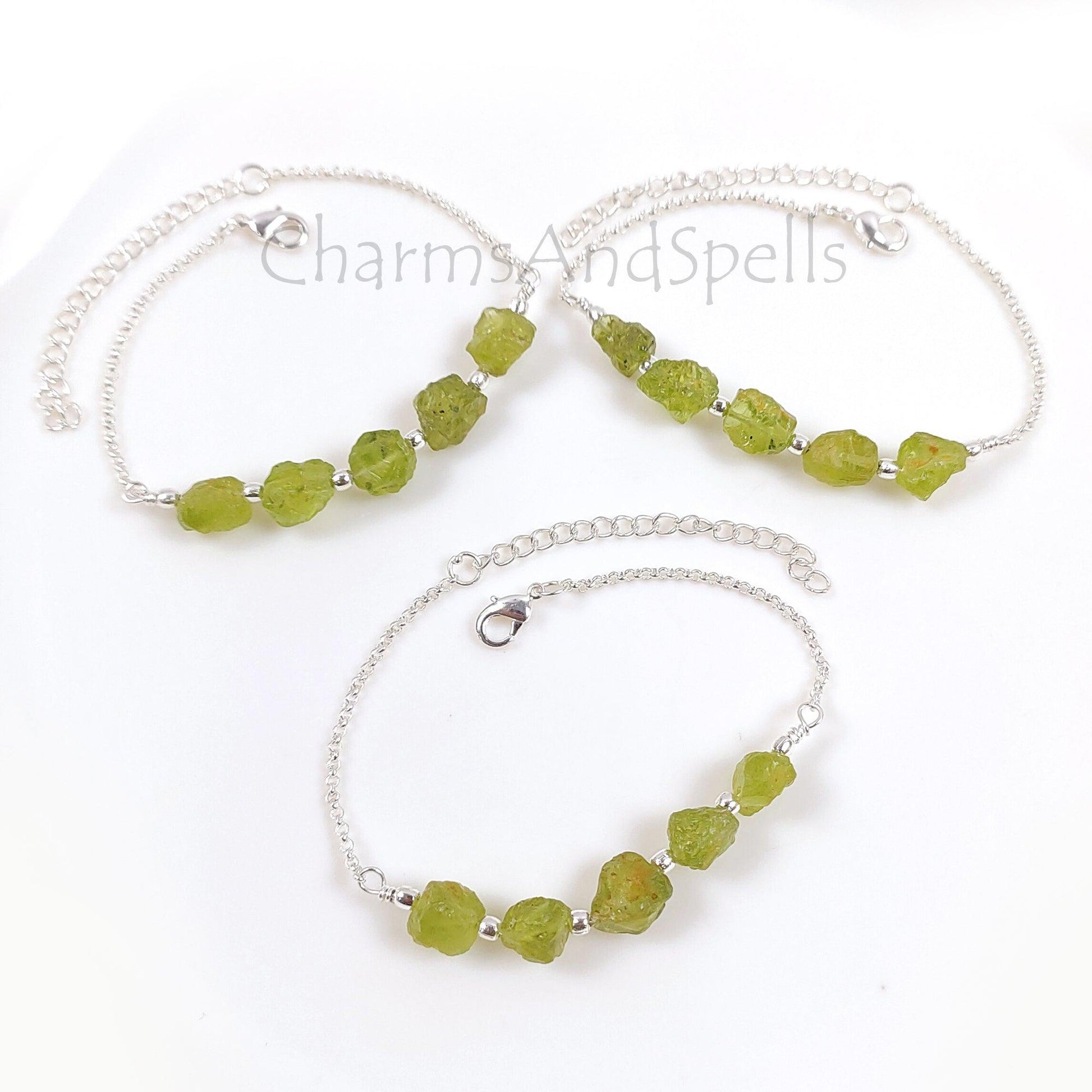 Natural Raw Peridot Bracelet, Silver Plated Peridot Bracelet, Green Raw Gemstone Adjustable Bracelet, Crystal Stone Bracelet,Friendship Gift - Charms And Spells