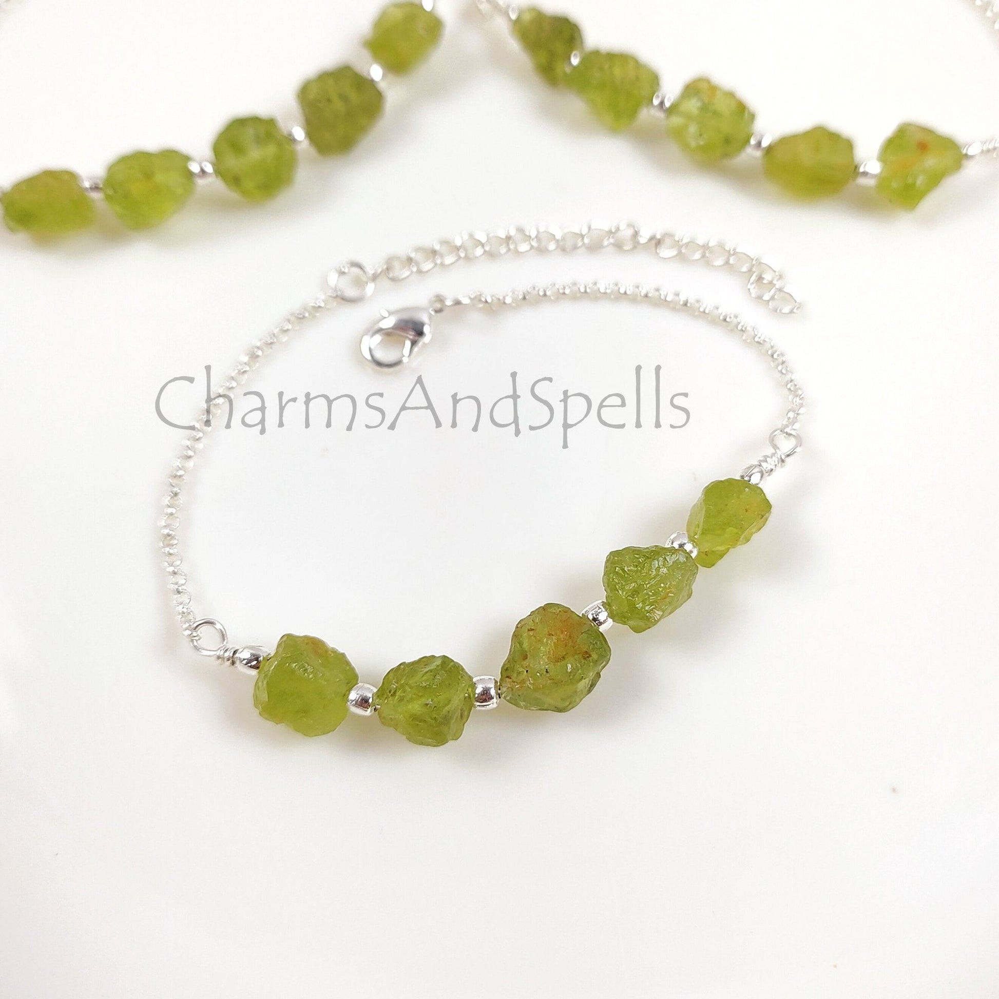 Natural Raw Peridot Bracelet, Silver Plated Peridot Bracelet, Green Raw Gemstone Adjustable Bracelet, Crystal Stone Bracelet,Friendship Gift - Charms And Spells