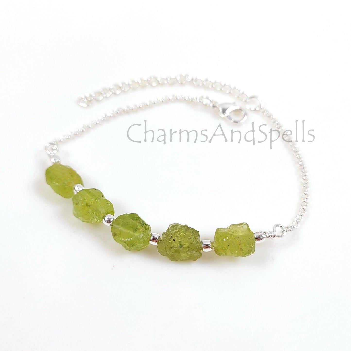 Natural Raw Peridot Bracelet, Silver Plated Peridot Bracelet, Green Raw Gemstone Adjustable Bracelet, Crystal Stone Bracelet,Friendship Gift - Charms And Spells