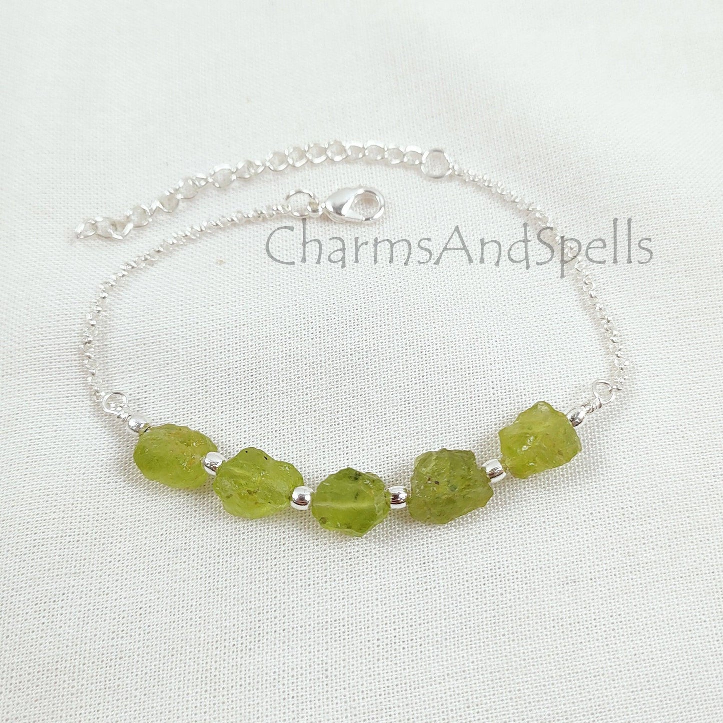 Natural Raw Peridot Bracelet, Silver Plated Peridot Bracelet, Green Raw Gemstone Adjustable Bracelet, Crystal Stone Bracelet,Friendship Gift - Charms And Spells