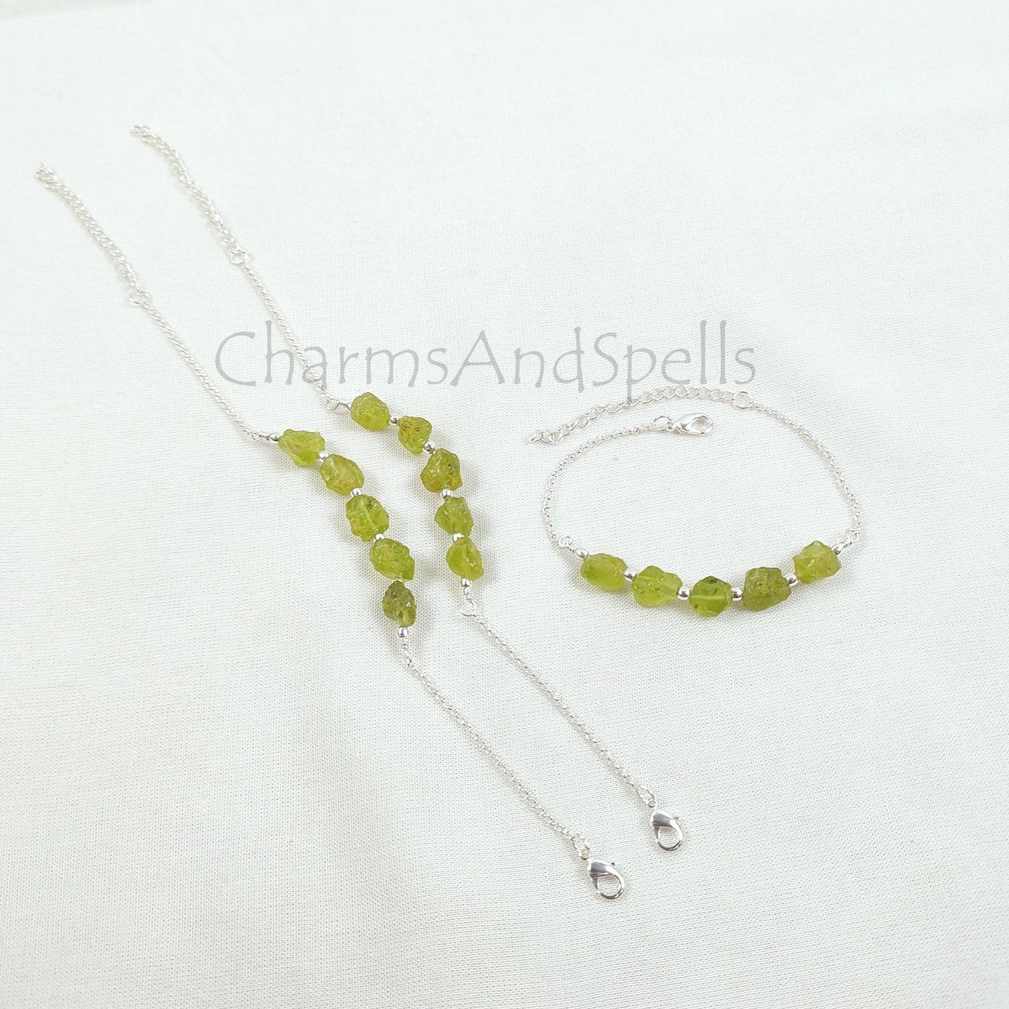 Natural Raw Peridot Bracelet, Silver Plated Peridot Bracelet, Green Raw Gemstone Adjustable Bracelet, Crystal Stone Bracelet,Friendship Gift - Charms And Spells