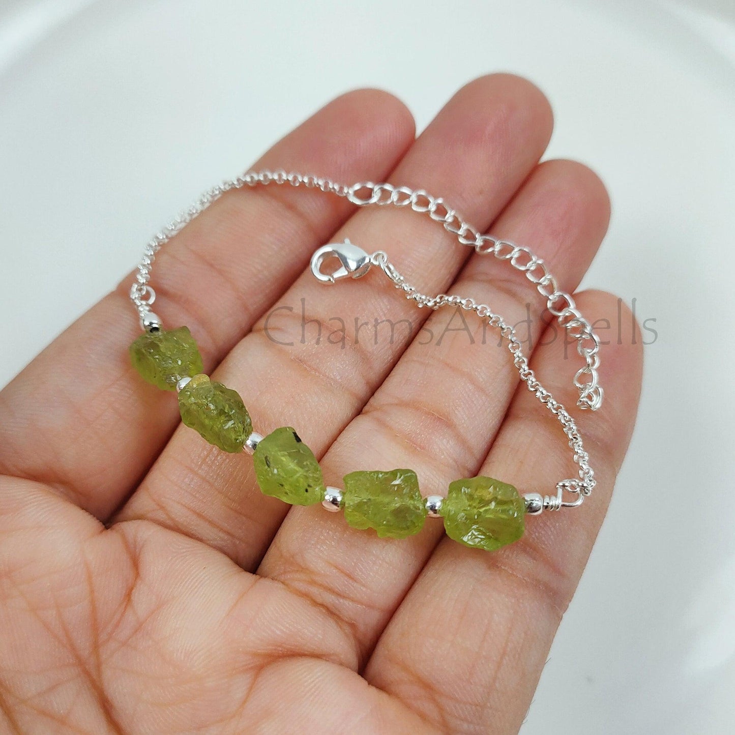 Natural Raw Peridot Bracelet, Silver Plated Peridot Bracelet, Green Raw Gemstone Adjustable Bracelet, Crystal Stone Bracelet,Friendship Gift - Charms And Spells