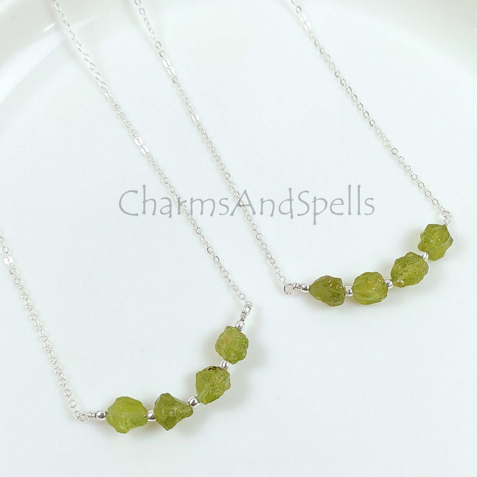 Natural Raw Peridot Necklace, Silver Plated Rough Gemstone Necklace, Bar Necklace, Raw Gemstone Jewelry, Birthstone Jewelry, Boho Statement Price: - Charms And Spells