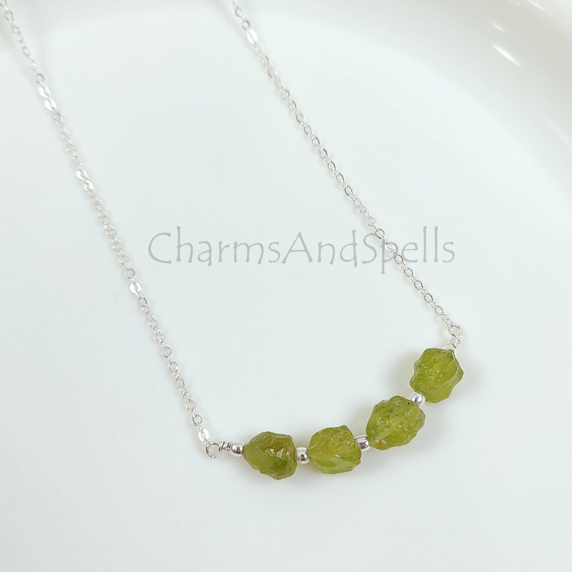 Natural Raw Peridot Necklace, Silver Plated Rough Gemstone Necklace, Bar Necklace, Raw Gemstone Jewelry, Birthstone Jewelry, Boho Statement Price: - Charms And Spells