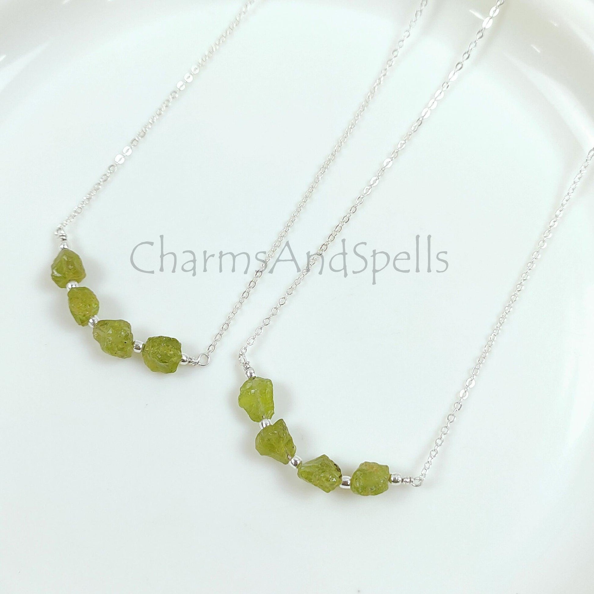 Natural Raw Peridot Necklace, Silver Plated Rough Gemstone Necklace, Bar Necklace, Raw Gemstone Jewelry, Birthstone Jewelry, Boho Statement Price: - Charms And Spells