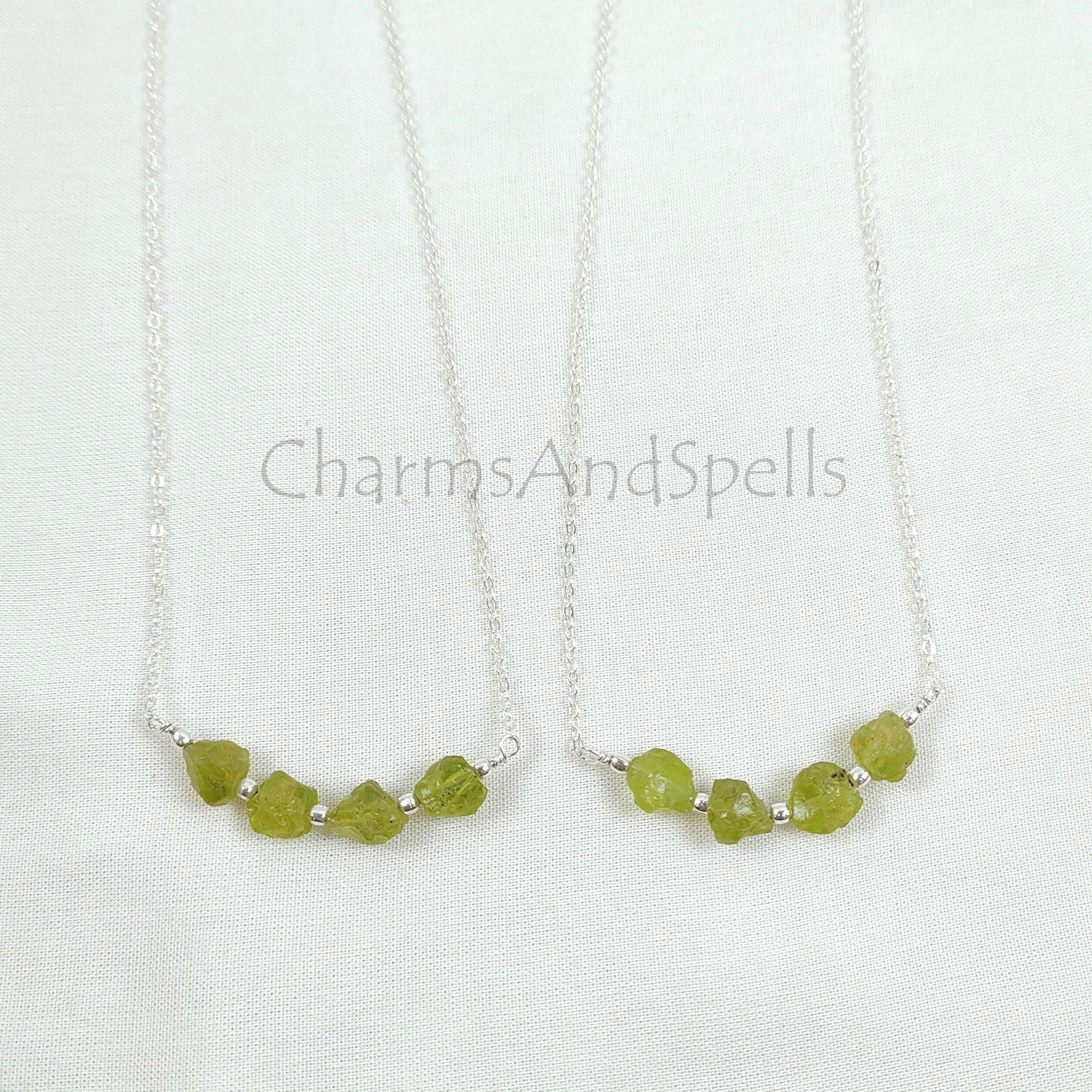 Natural Raw Peridot Necklace, Silver Plated Rough Gemstone Necklace, Bar Necklace, Raw Gemstone Jewelry, Birthstone Jewelry, Boho Statement Price: - Charms And Spells