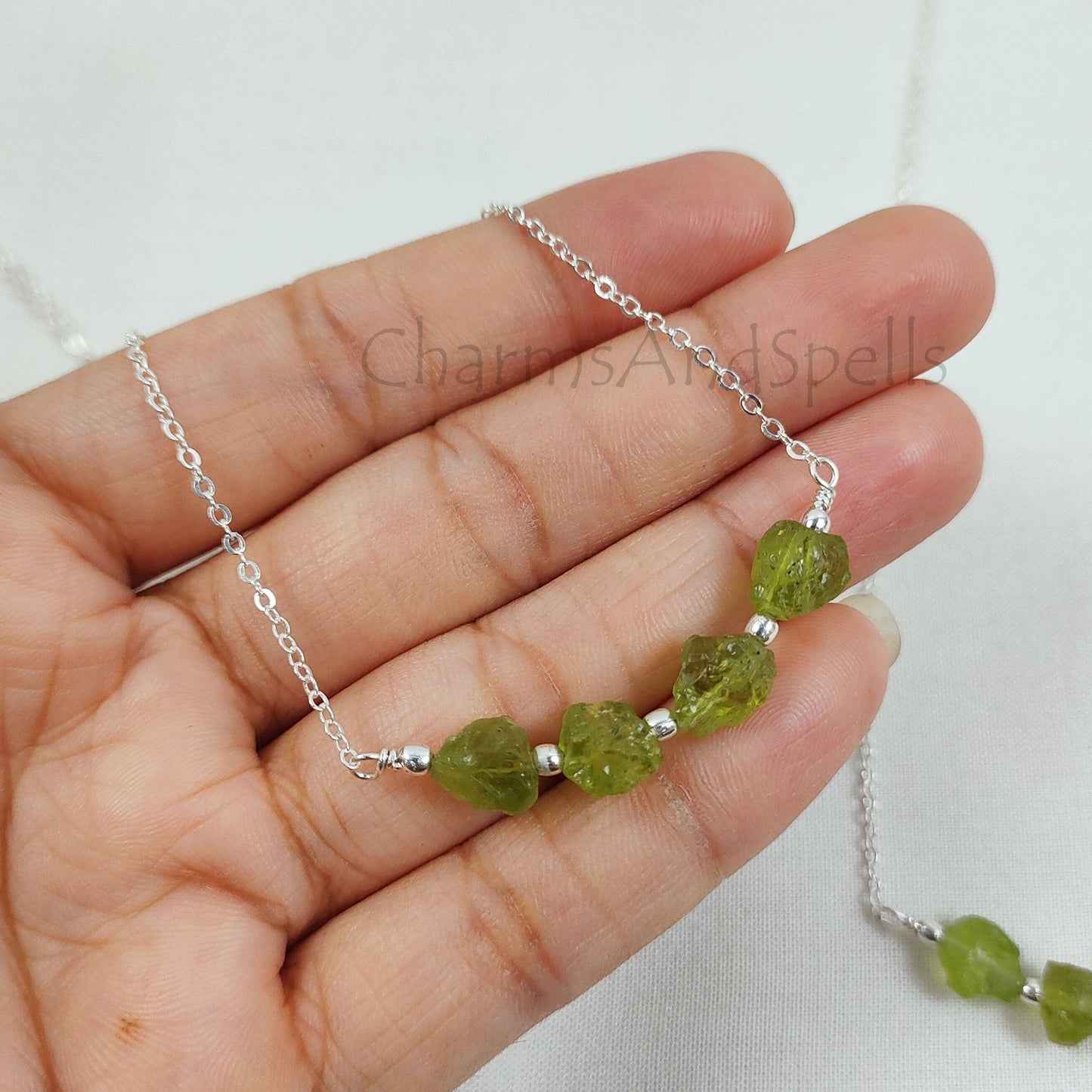 Natural Raw Peridot Necklace, Silver Plated Rough Gemstone Necklace, Bar Necklace, Raw Gemstone Jewelry, Birthstone Jewelry, Boho Statement Price: - Charms And Spells