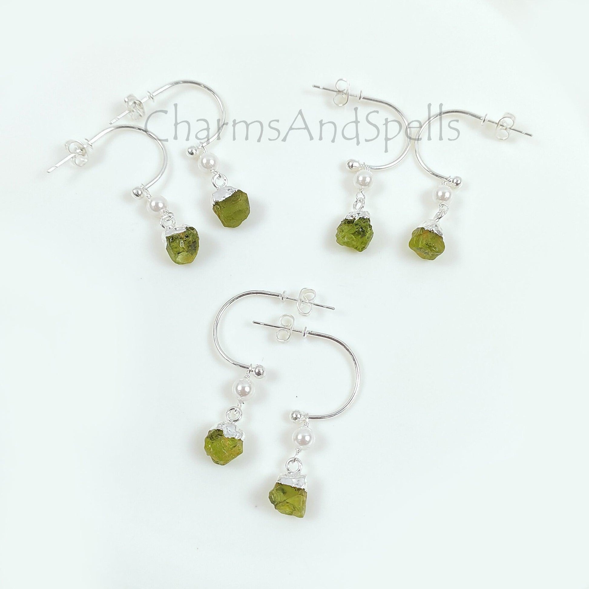 Natural Raw Peridot Earrings, Peridot Gemstone Earrings, Handmade Raw Earring, Silver Plated Pearl Earring, Dainty Earring, Designer Earring - Charms And Spells