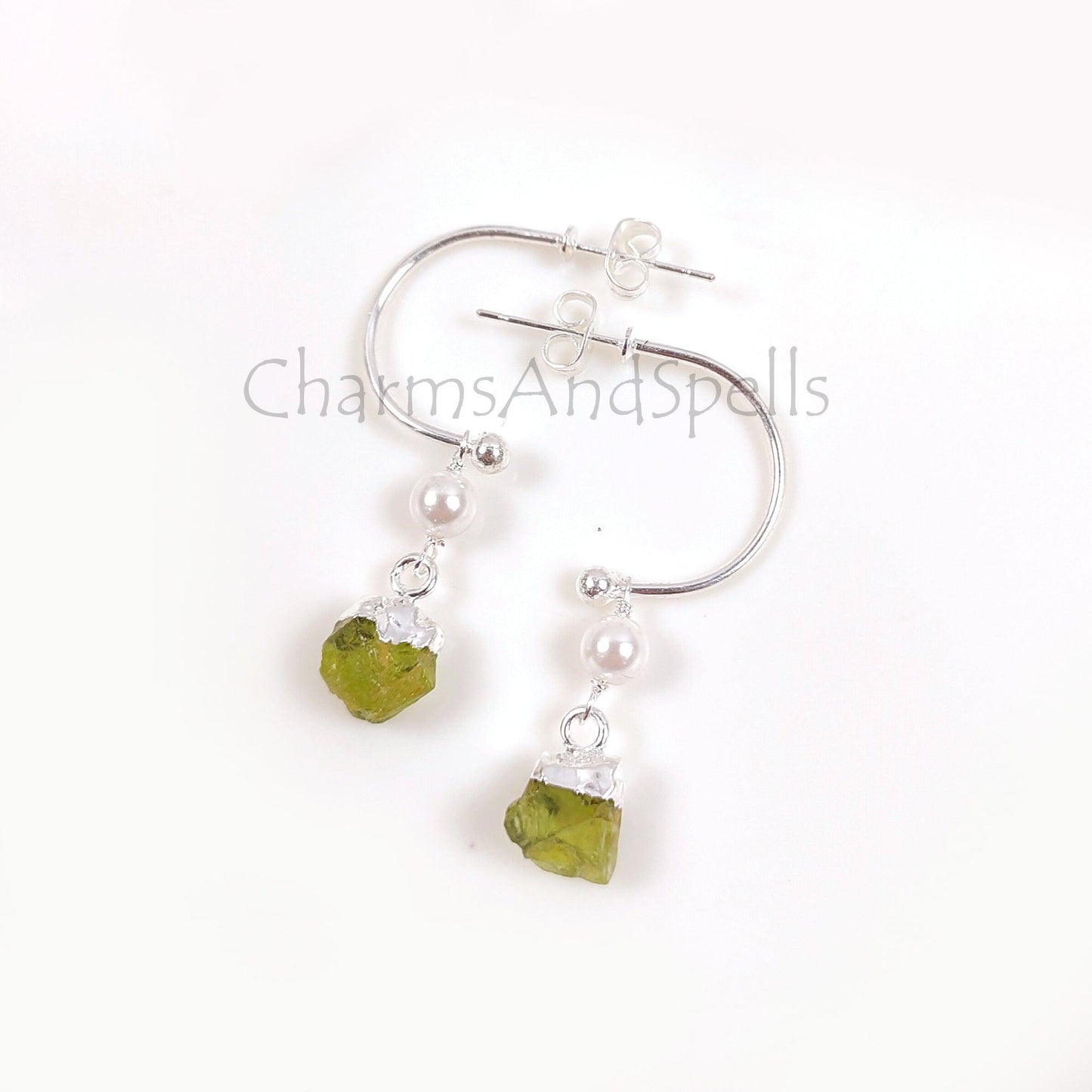 Natural Raw Peridot Earrings, Peridot Gemstone Earrings, Handmade Raw Earring, Silver Plated Pearl Earring, Dainty Earring, Designer Earring - Charms And Spells