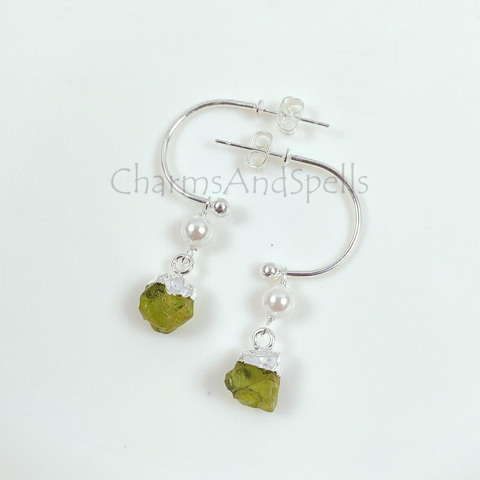 Natural Raw Peridot Earrings, Peridot Gemstone Earrings, Handmade Raw Earring, Silver Plated Pearl Earring, Dainty Earring, Designer Earring - Charms And Spells