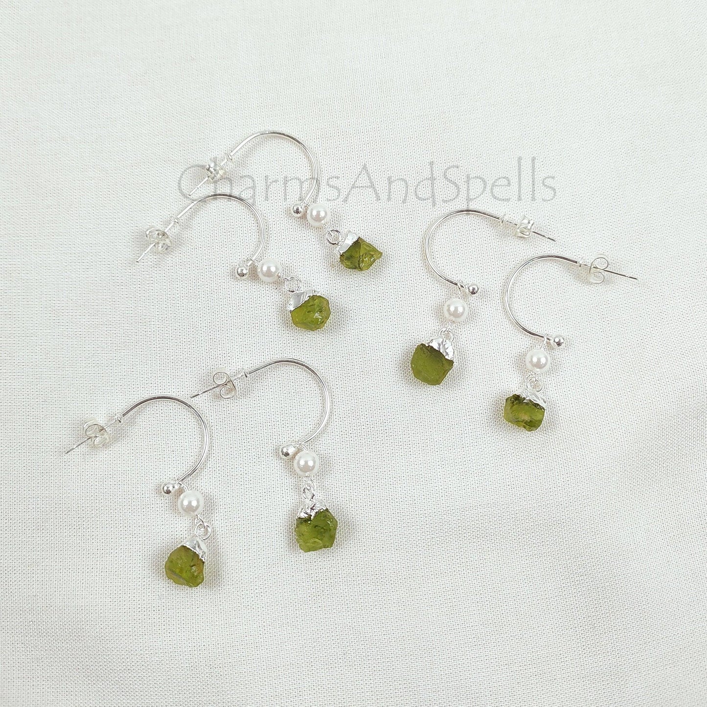 Natural Raw Peridot Earrings, Peridot Gemstone Earrings, Handmade Raw Earring, Silver Plated Pearl Earring, Dainty Earring, Designer Earring - Charms And Spells