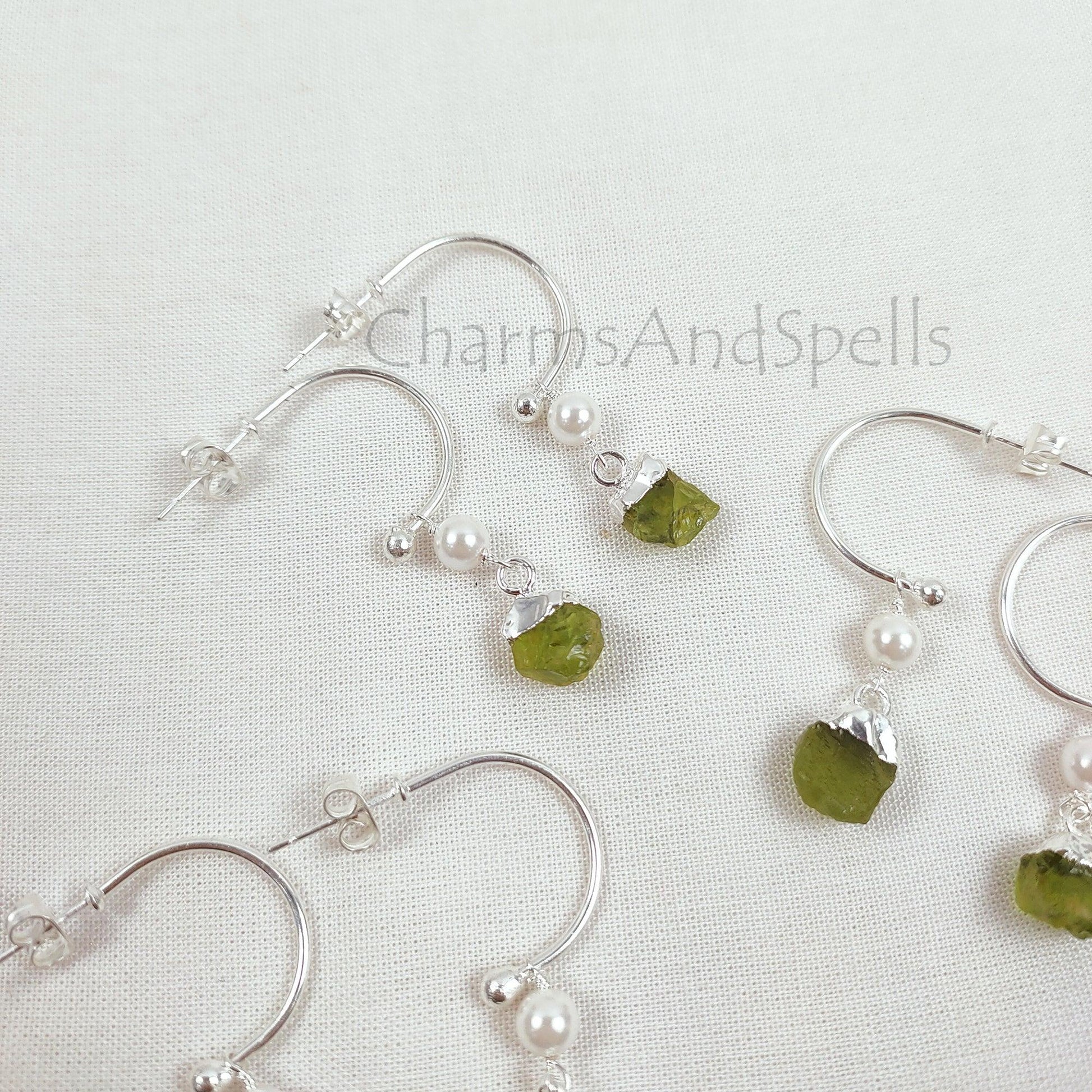 Natural Raw Peridot Earrings, Peridot Gemstone Earrings, Handmade Raw Earring, Silver Plated Pearl Earring, Dainty Earring, Designer Earring - Charms And Spells