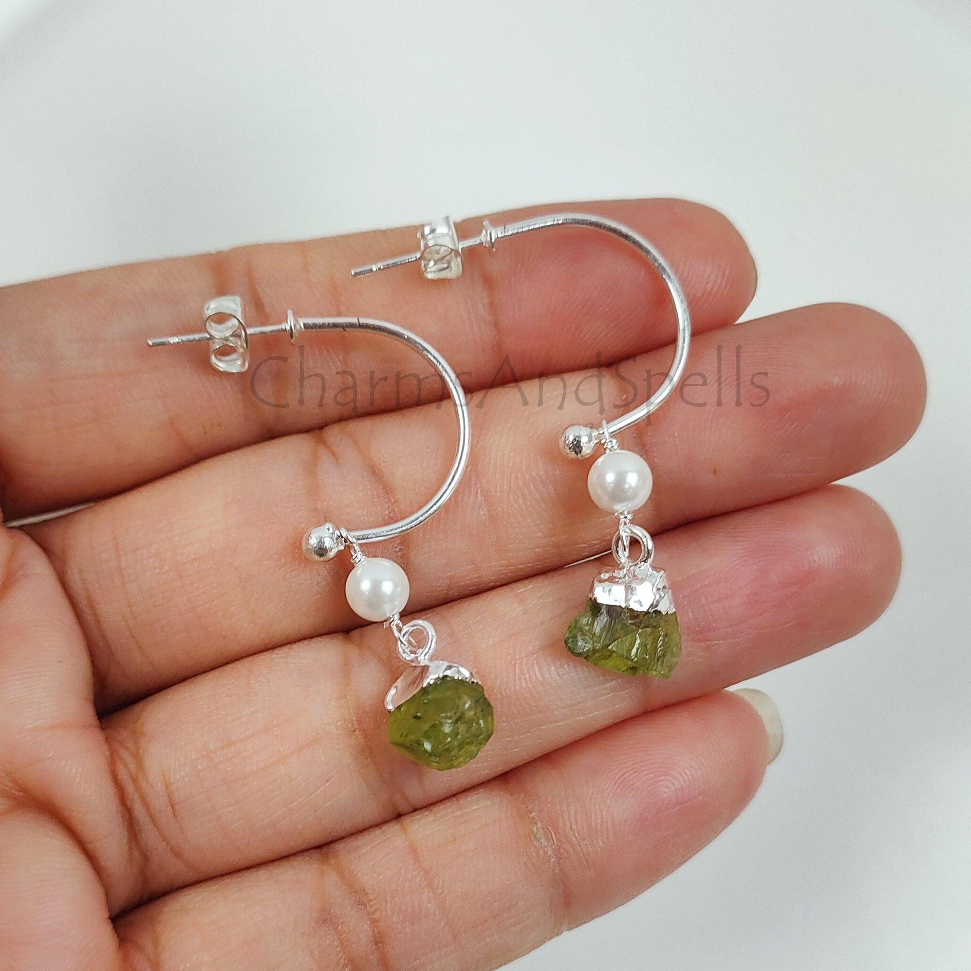 Natural Raw Peridot Earrings, Peridot Gemstone Earrings, Handmade Raw Earring, Silver Plated Pearl Earring, Dainty Earring, Designer Earring - Charms And Spells