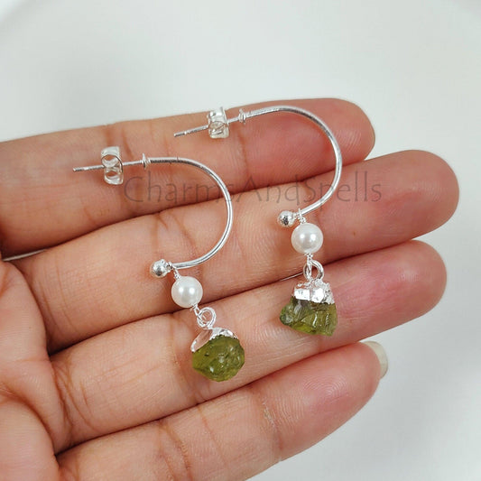 Natural Raw Peridot Earrings, Peridot Gemstone Earrings, Handmade Raw Earring, Silver Plated Pearl Earring, Dainty Earring, Designer Earring - Charms And Spells