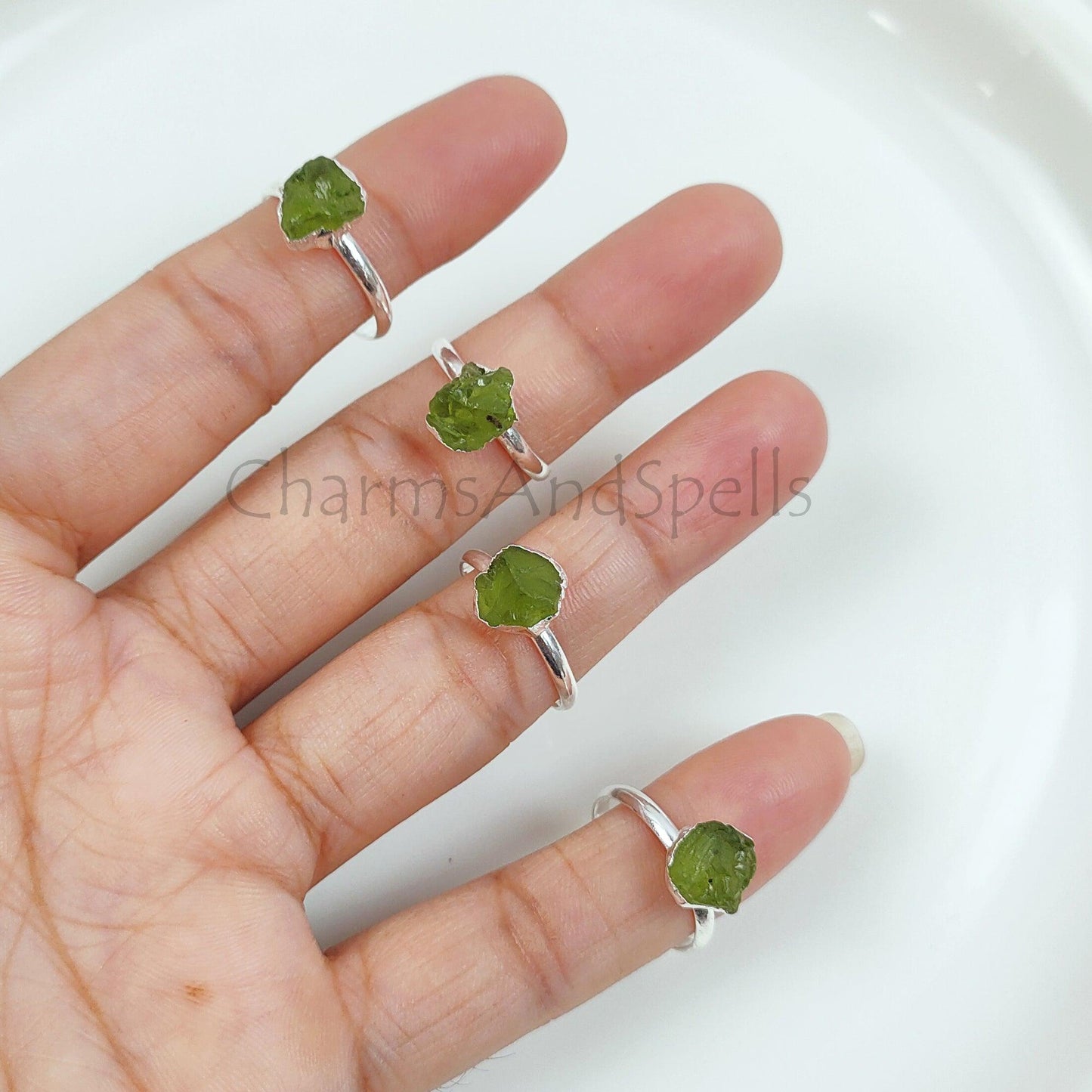 Natural Raw Peridot Ring, Artisan Boho Ring, Silver Plated Ring, Raw Peridot Ring, Crystal Ring, Stackable Ring, Wedding Ring, Designer Ring - Charms And Spells