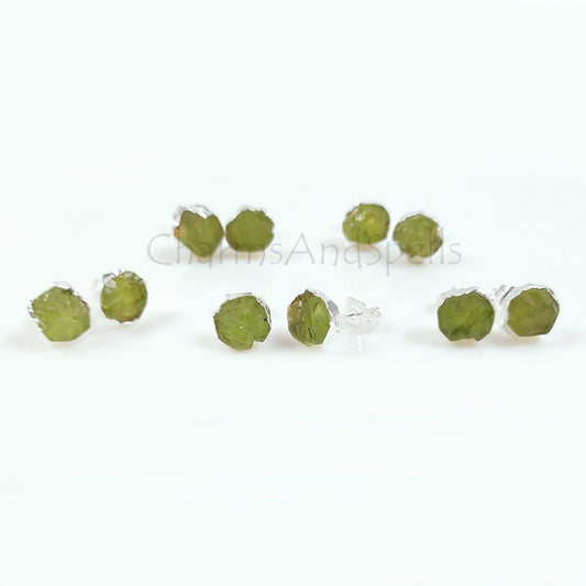 Natural Raw Peridot Stud Earrings, Silver Plated Peridot Stud Earrings, Rough Gemstone Earrings, Stud Earrings, Beautiful Stud Earring, Gift - Charms And Spells