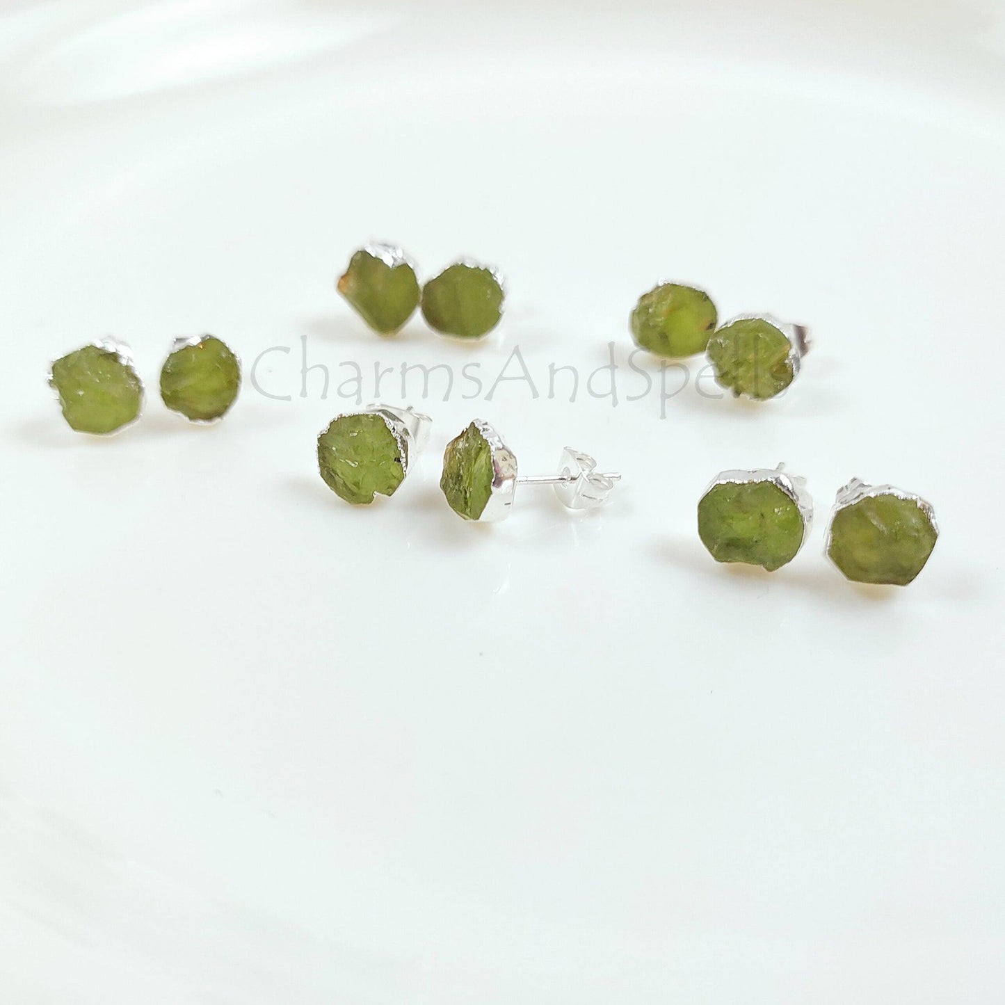 Natural Raw Peridot Stud Earrings, Silver Plated Peridot Stud Earrings, Rough Gemstone Earrings, Stud Earrings, Beautiful Stud Earring, Gift - Charms And Spells