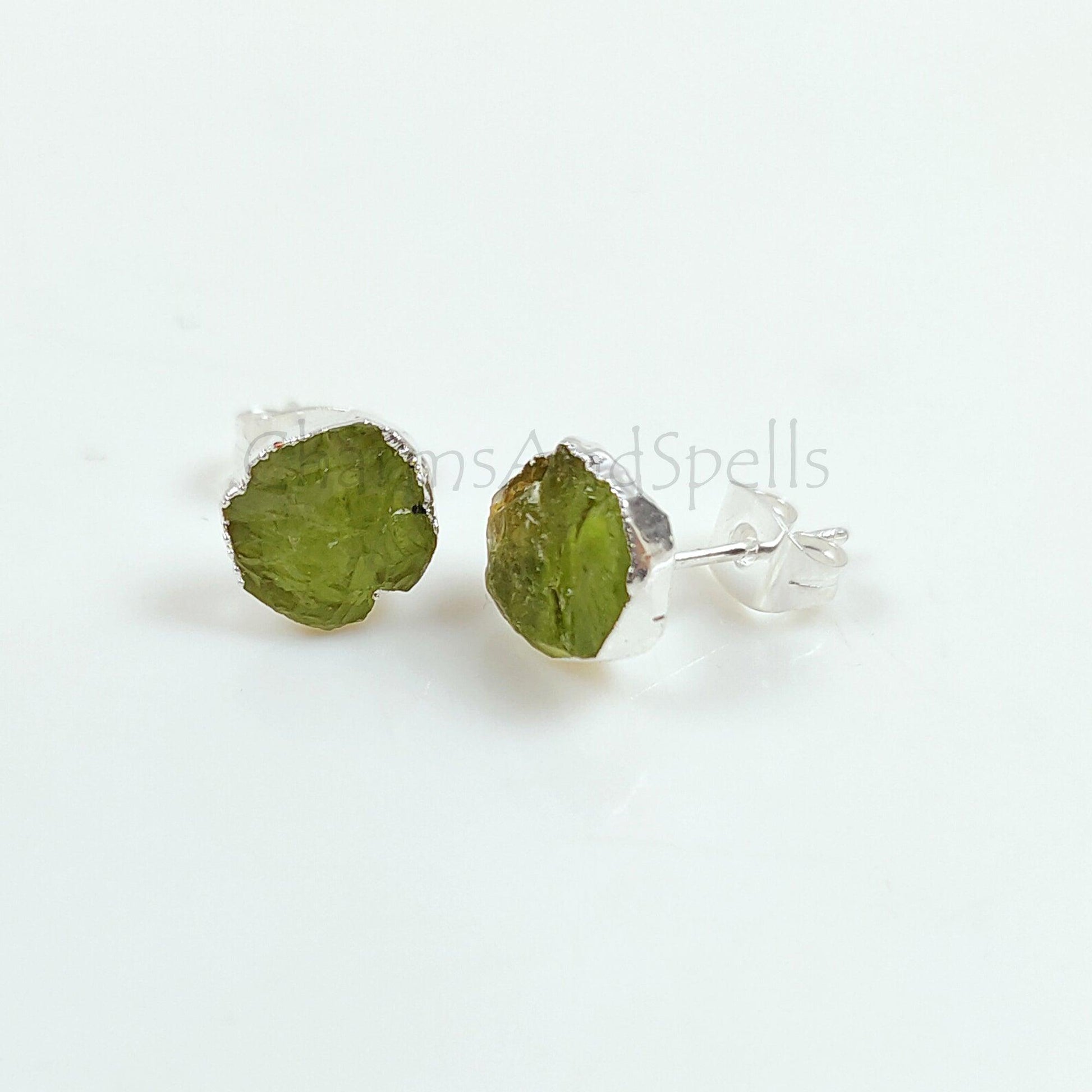 Natural Raw Peridot Stud Earrings, Silver Plated Peridot Stud Earrings, Rough Gemstone Earrings, Stud Earrings, Beautiful Stud Earring, Gift - Charms And Spells