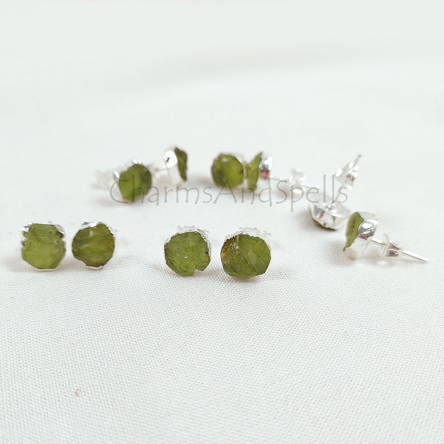 Natural Raw Peridot Stud Earrings, Silver Plated Peridot Stud Earrings, Rough Gemstone Earrings, Stud Earrings, Beautiful Stud Earring, Gift - Charms And Spells