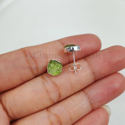 Natural Raw Peridot Stud Earrings, Silver Plated Peridot Stud Earrings, Rough Gemstone Earrings, Stud Earrings, Beautiful Stud Earring, Gift - Charms And Spells