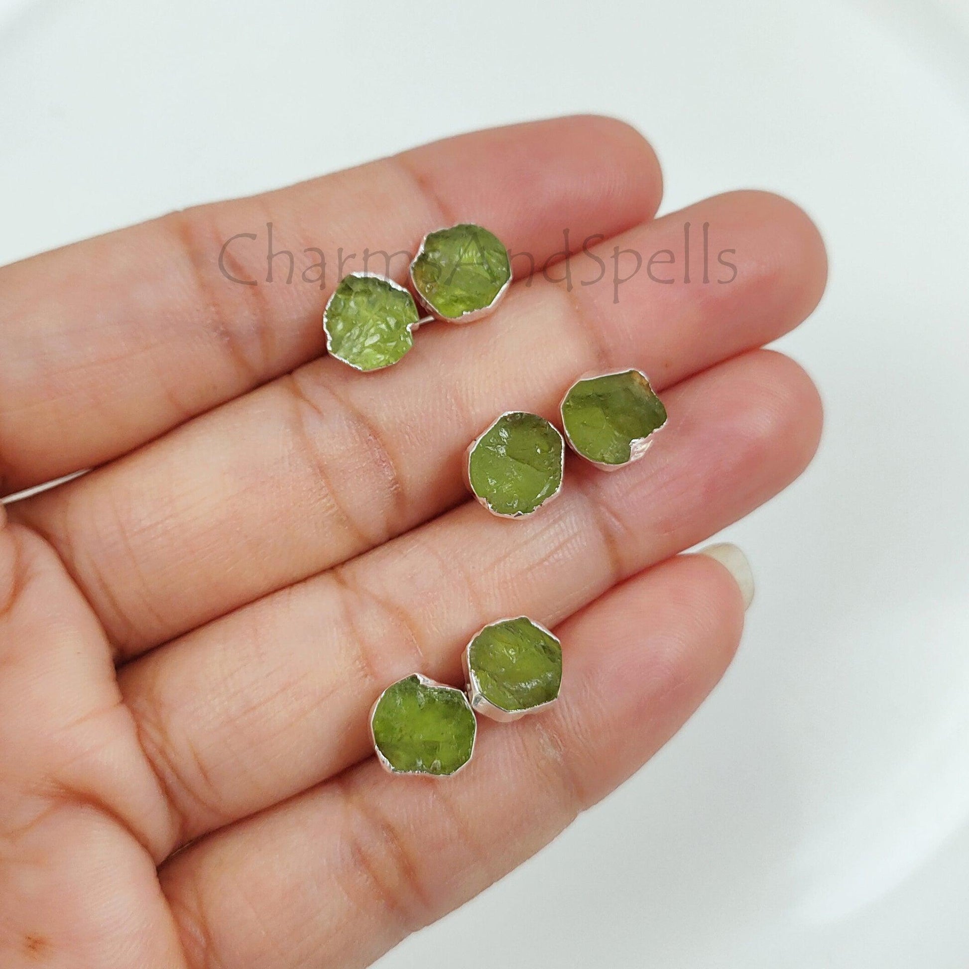 Natural Raw Peridot Stud Earrings, Silver Plated Peridot Stud Earrings, Rough Gemstone Earrings, Stud Earrings, Beautiful Stud Earring, Gift - Charms And Spells