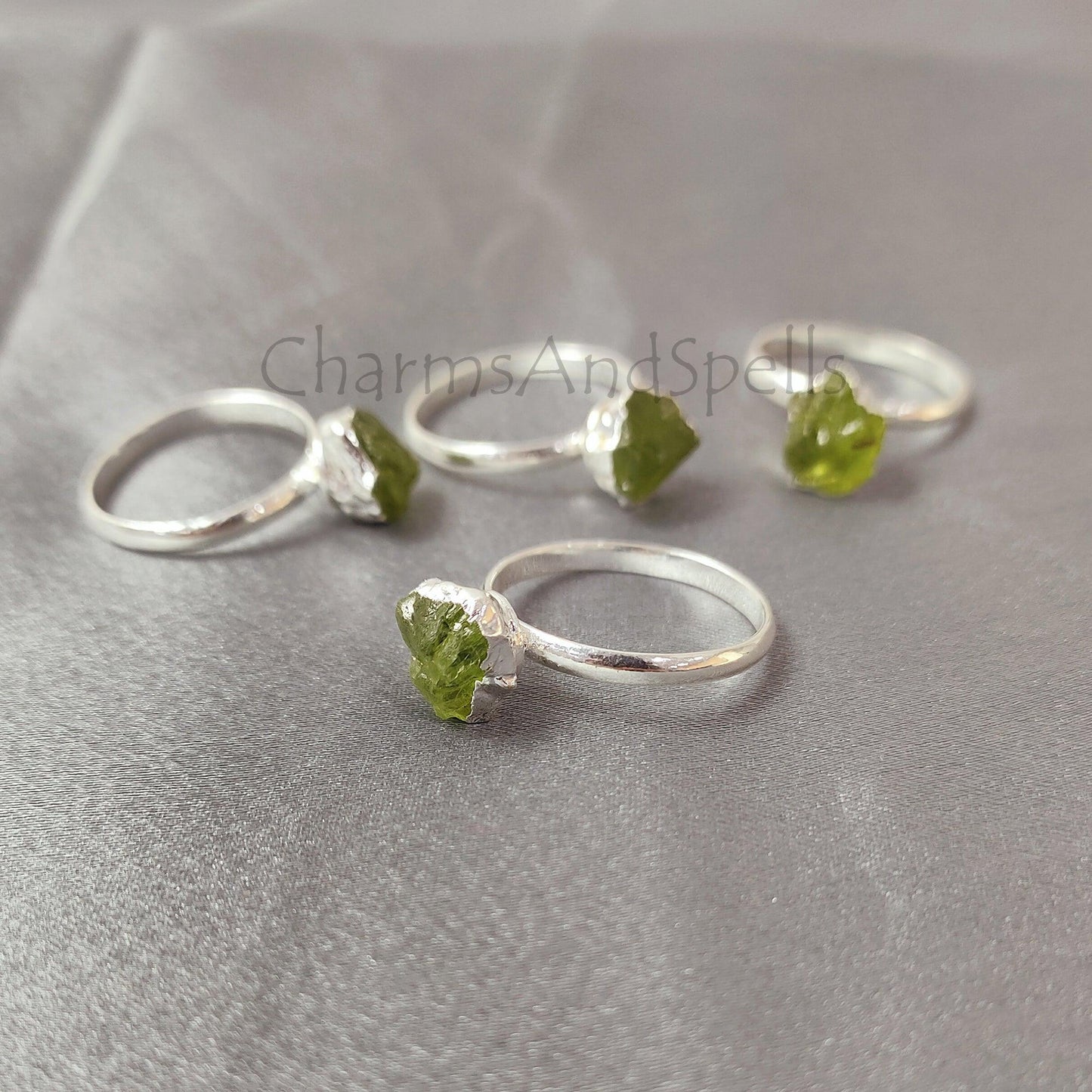 Natural Raw Peridot Ring, Artisan Boho Ring, Silver Plated Ring, Raw Peridot Ring, Crystal Ring, Stackable Ring, Wedding Ring, Designer Ring - Charms And Spells