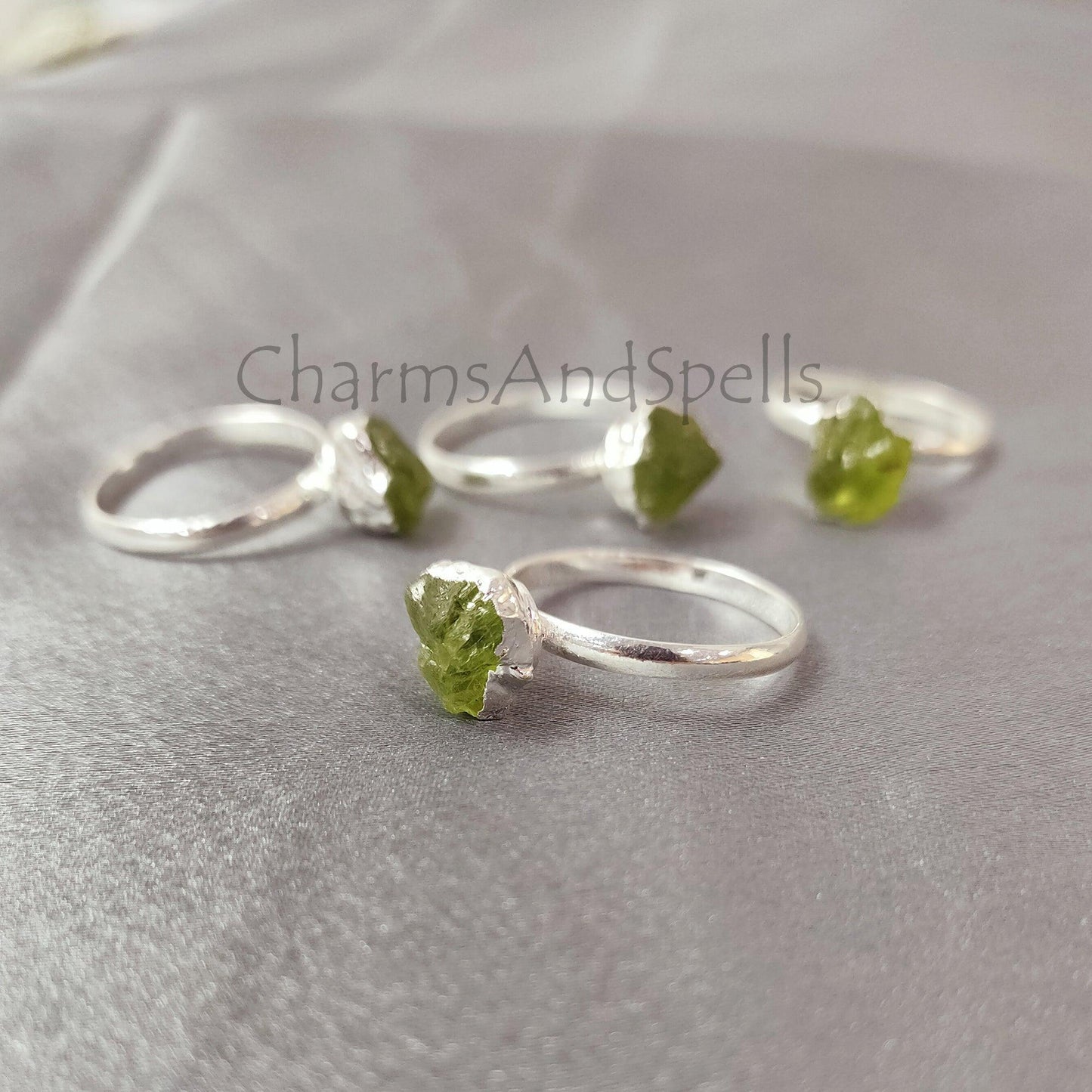 Natural Raw Peridot Ring, Artisan Boho Ring, Silver Plated Ring, Raw Peridot Ring, Crystal Ring, Stackable Ring, Wedding Ring, Designer Ring - Charms And Spells